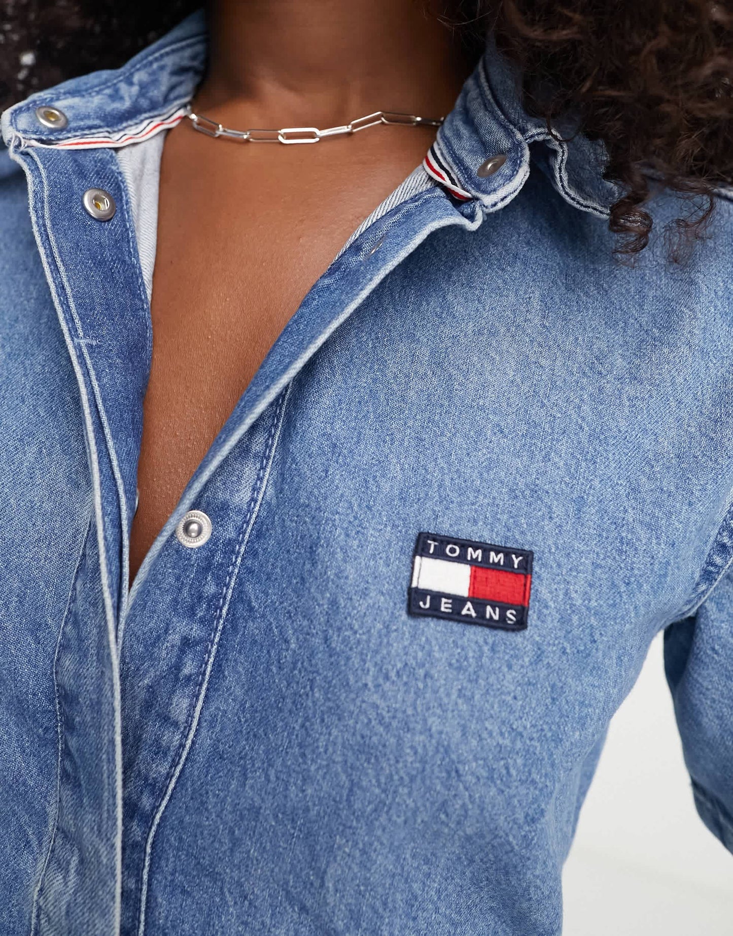 Tommy Jeans logo badge denim playsuit in mid wash