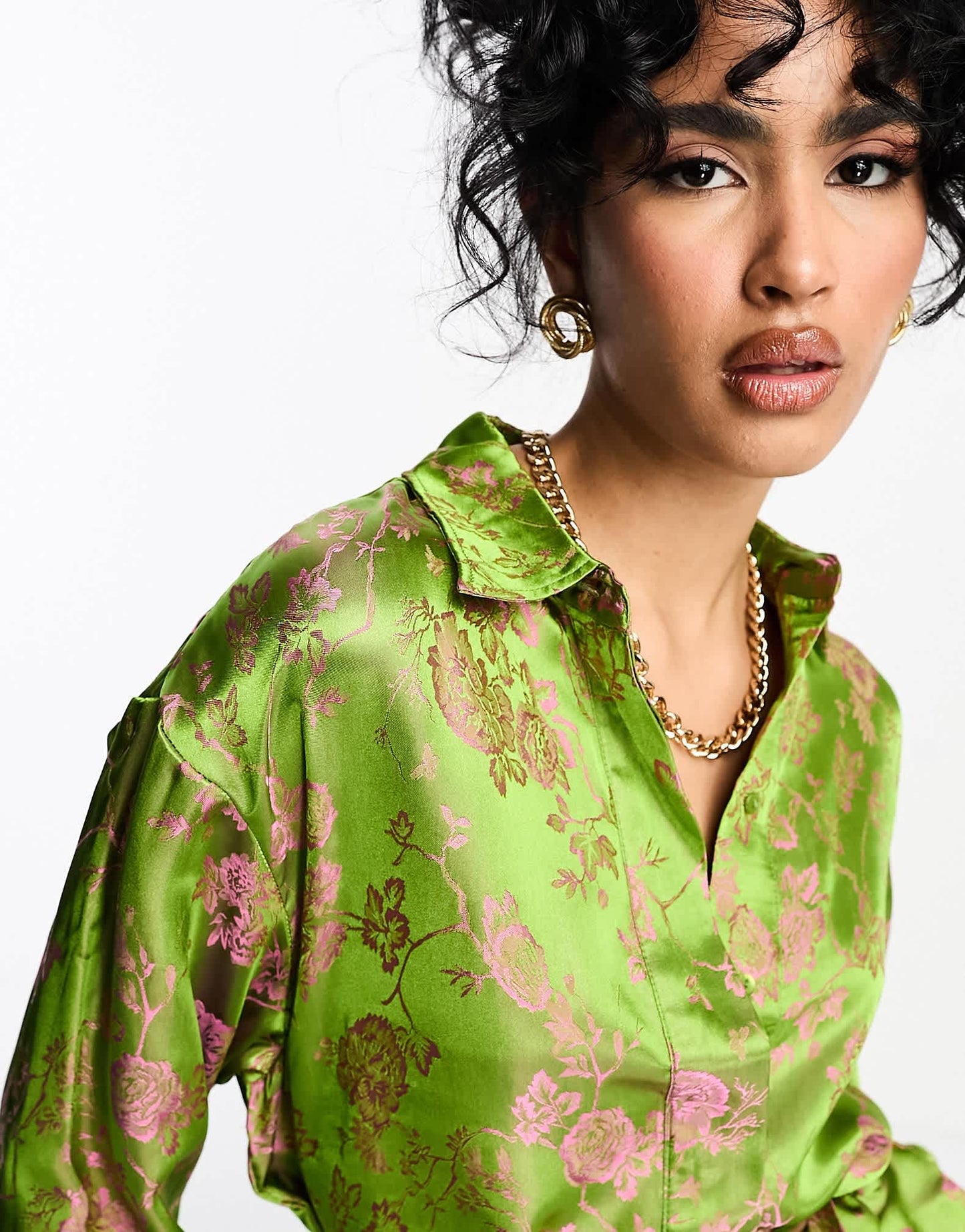 Y.A.S floral jacquard belted shirt co-ord in green and pink