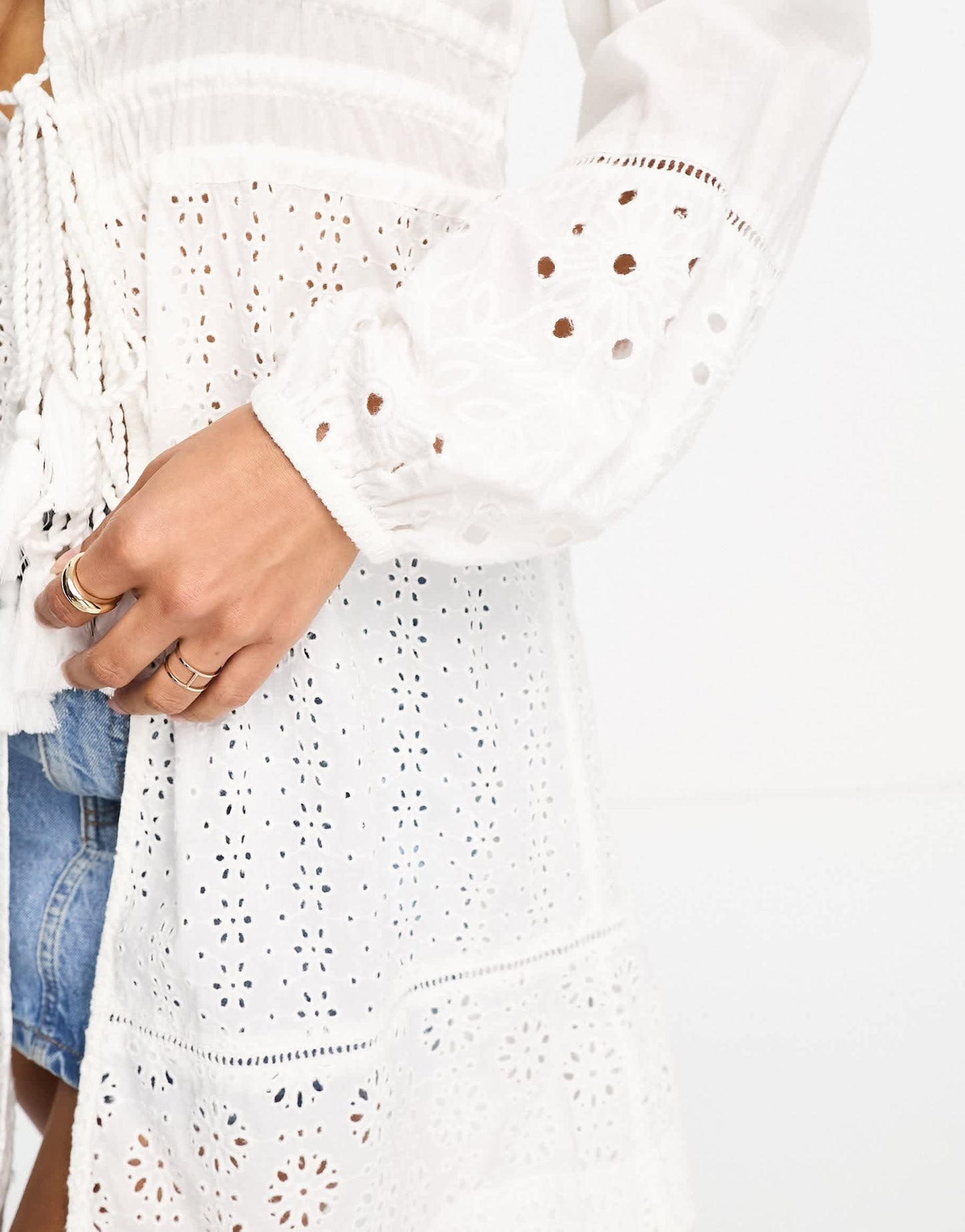 Accessorize tie front broidery long sleeve cover up beach dress in white