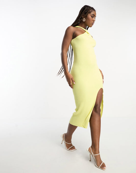 The Frolic exclusive midi dress with twist high neck and side slit in yellow