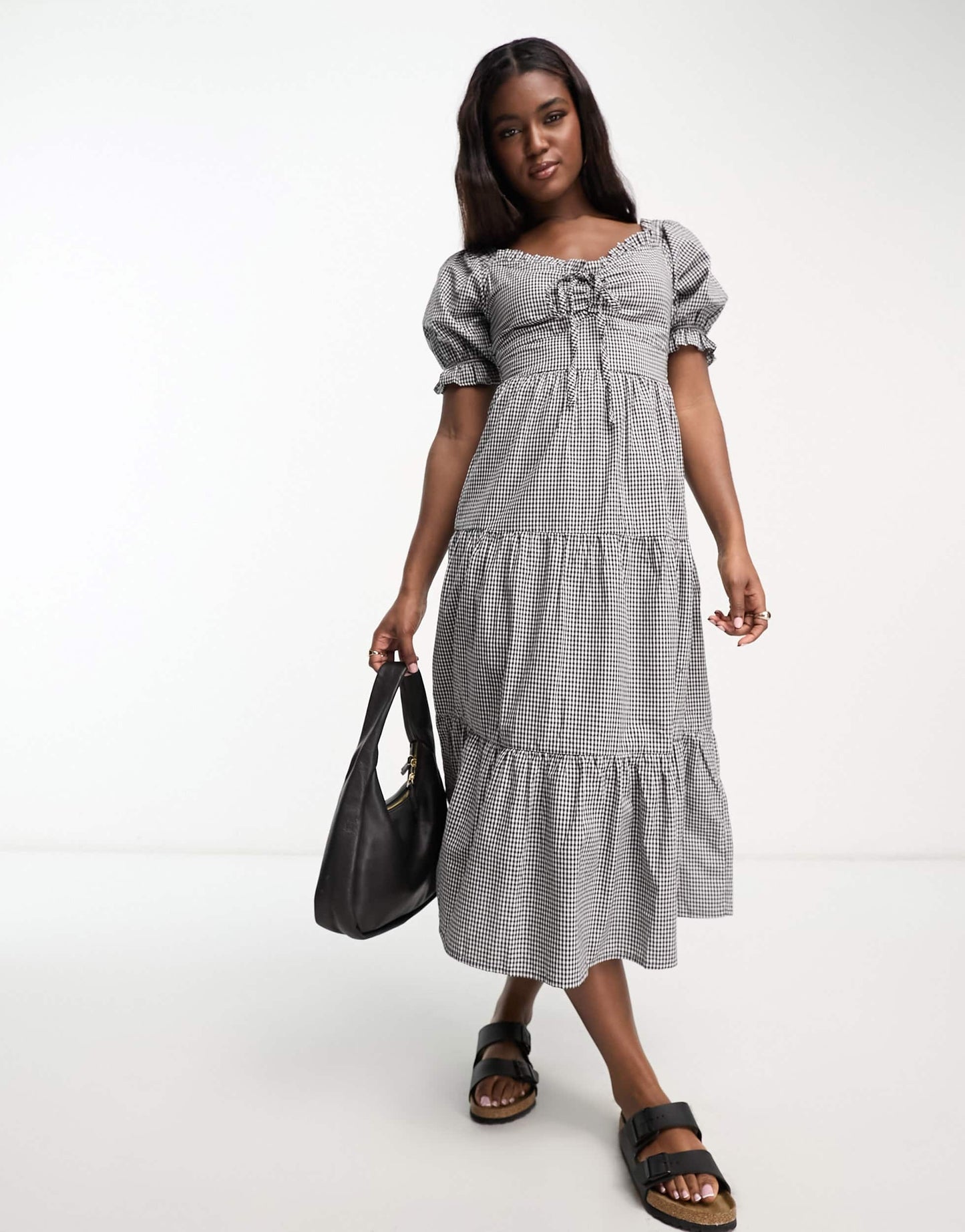 Influence milkmaid tiered midi dress in monochrome gingham