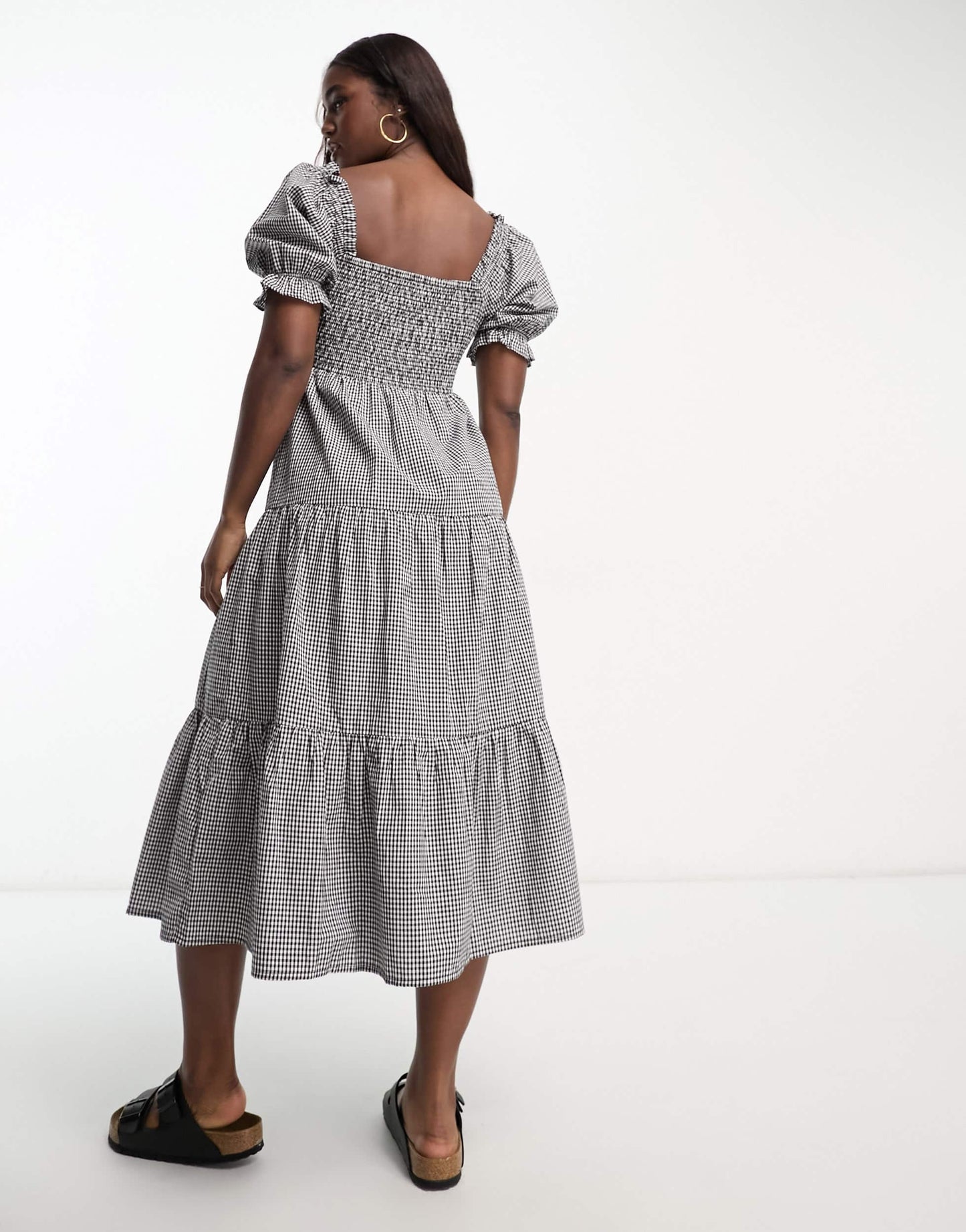 Influence milkmaid tiered midi dress in monochrome gingham