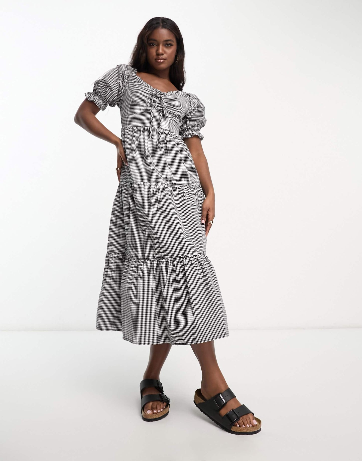 Influence milkmaid tiered midi dress in monochrome gingham