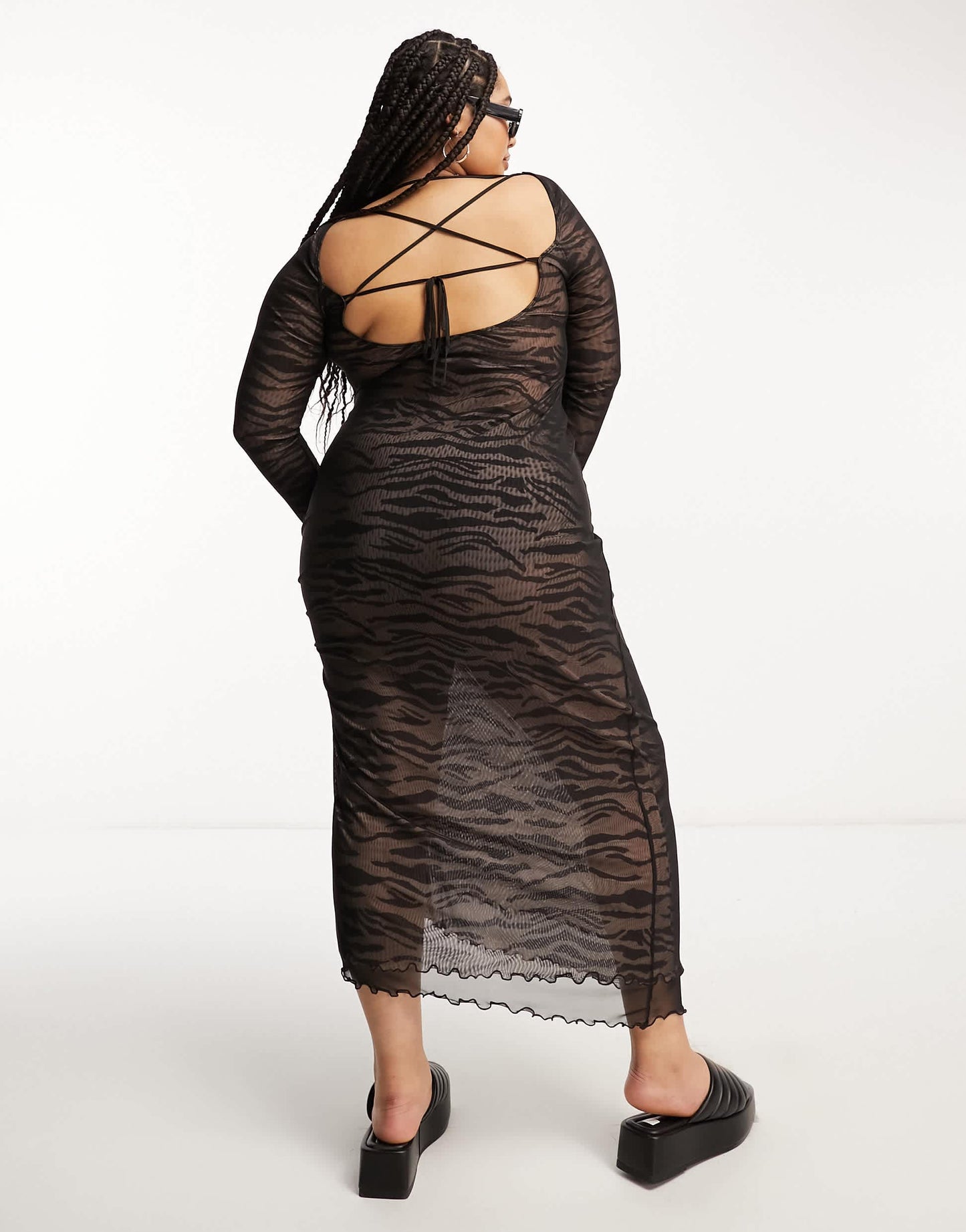 ASOS DESIGN Curve mesh long sleeve midi dress with lattice Back in zebra print