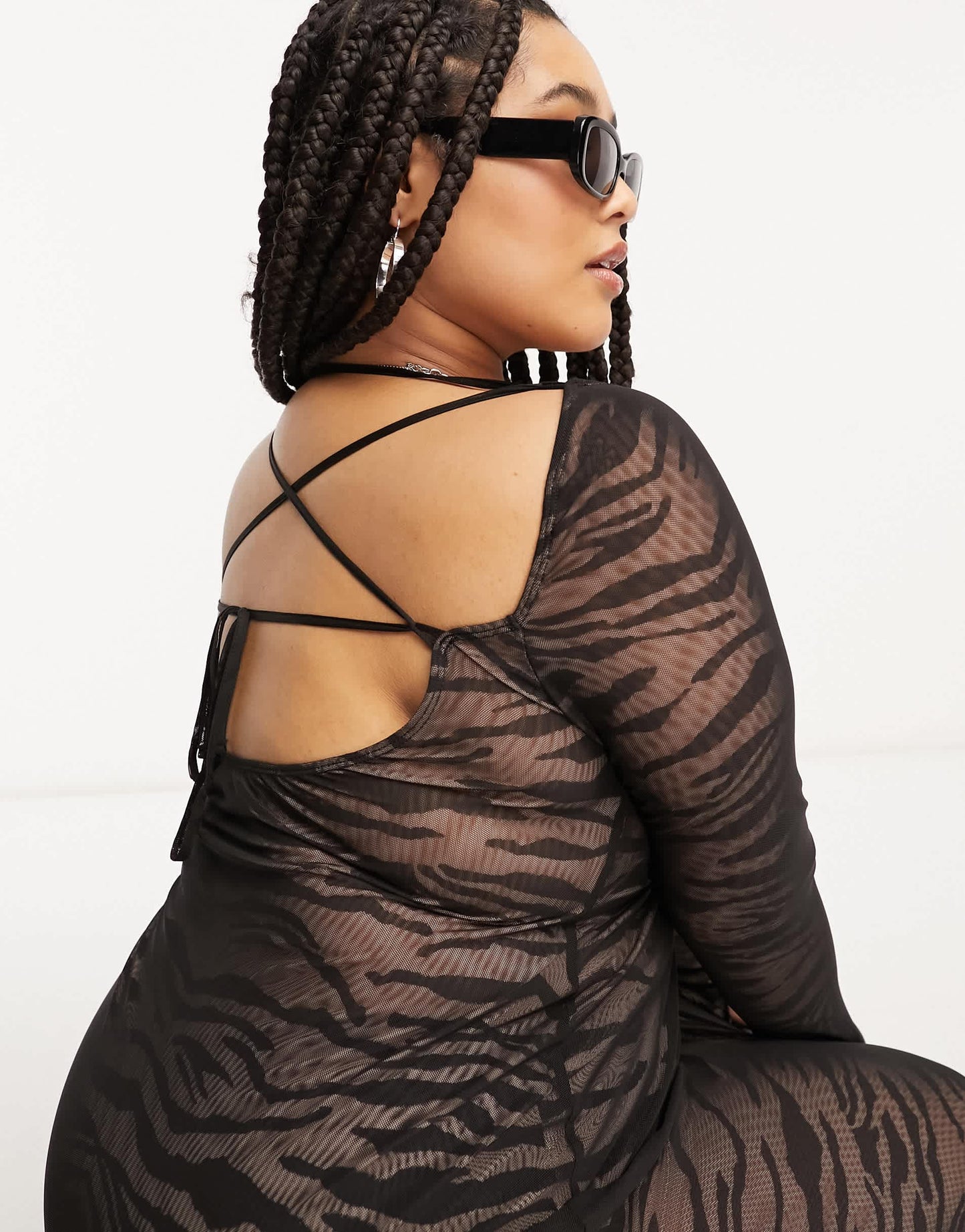 ASOS DESIGN Curve mesh long sleeve midi dress with lattice Back in zebra print