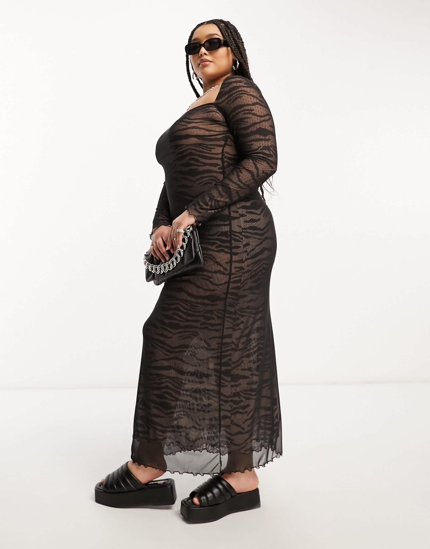 ASOS DESIGN Curve mesh long sleeve midi dress with lattice Back in zebra print