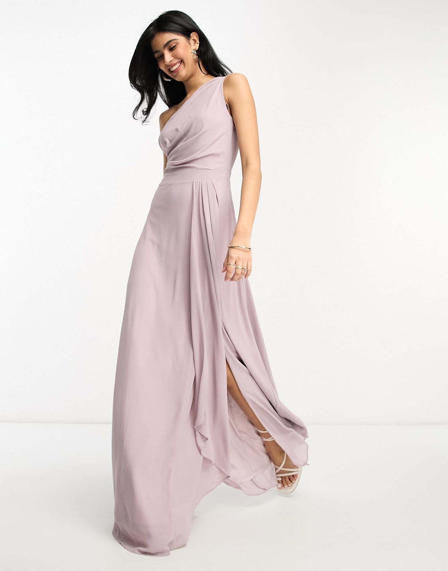 TFNC Bridesmaid chiffon one shoulder drape maxi dress in lavender grey