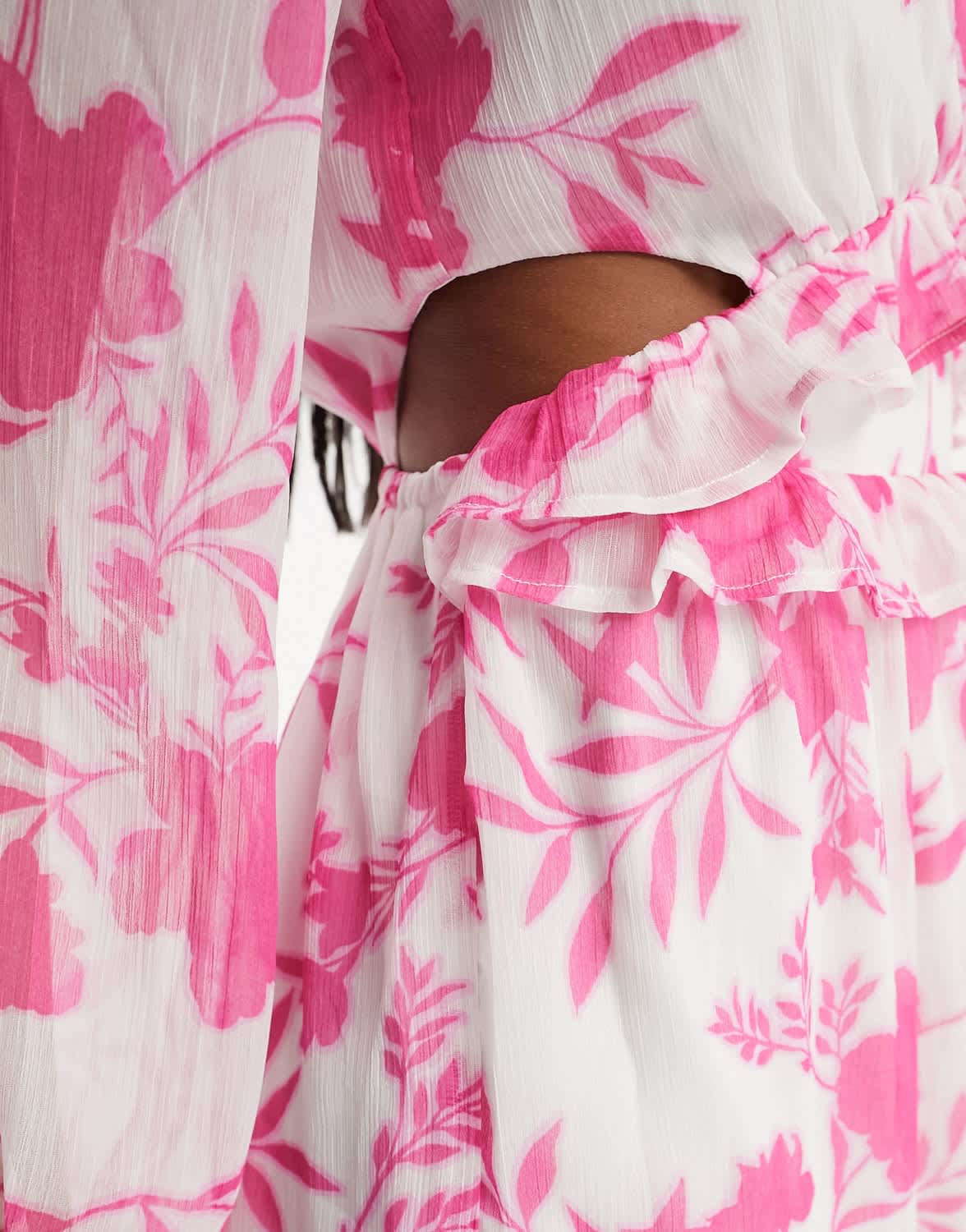In The Style chiffon side cut out midi dress in white and pink floral