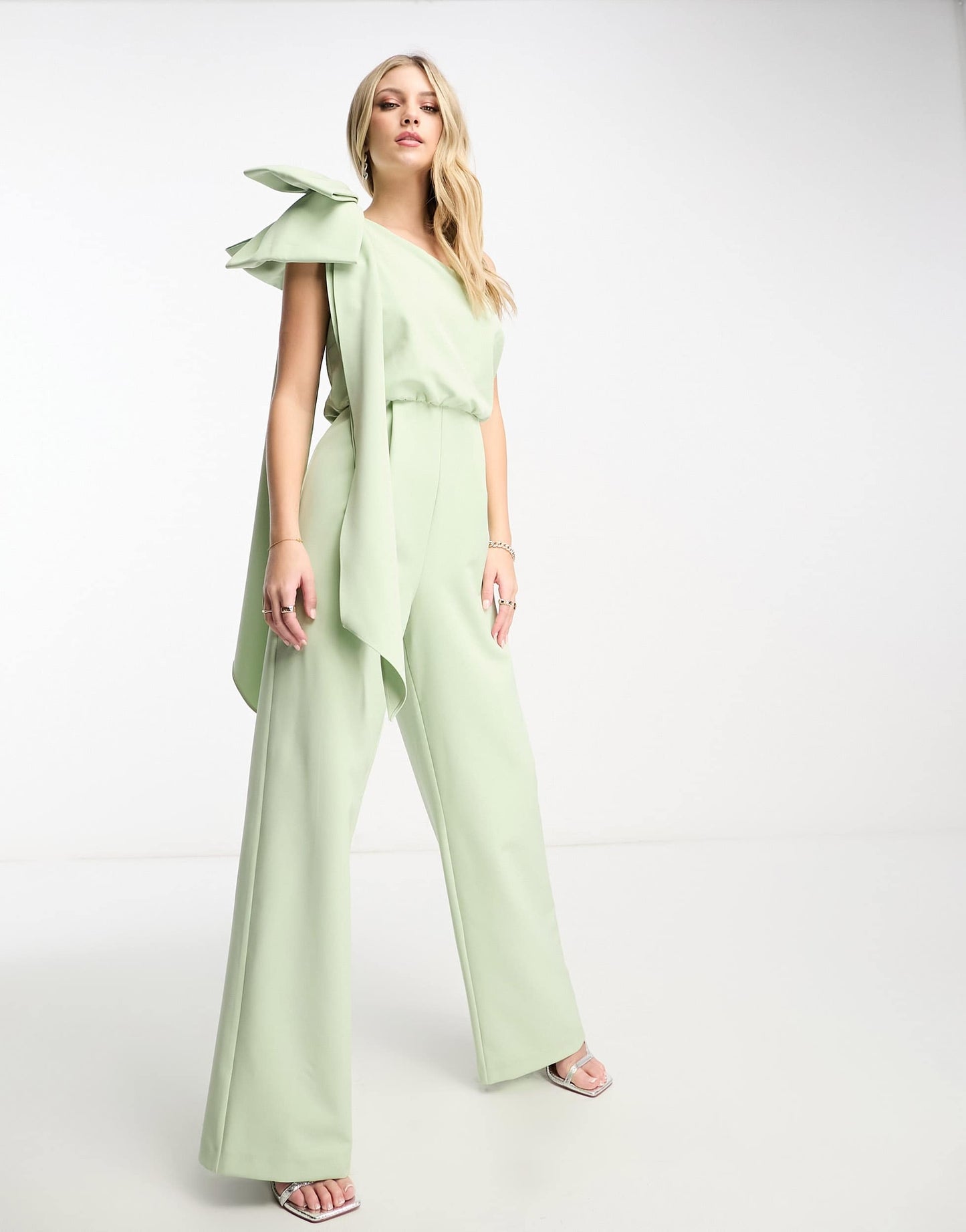 Forever New one shoulder bow jumpsuit in olive