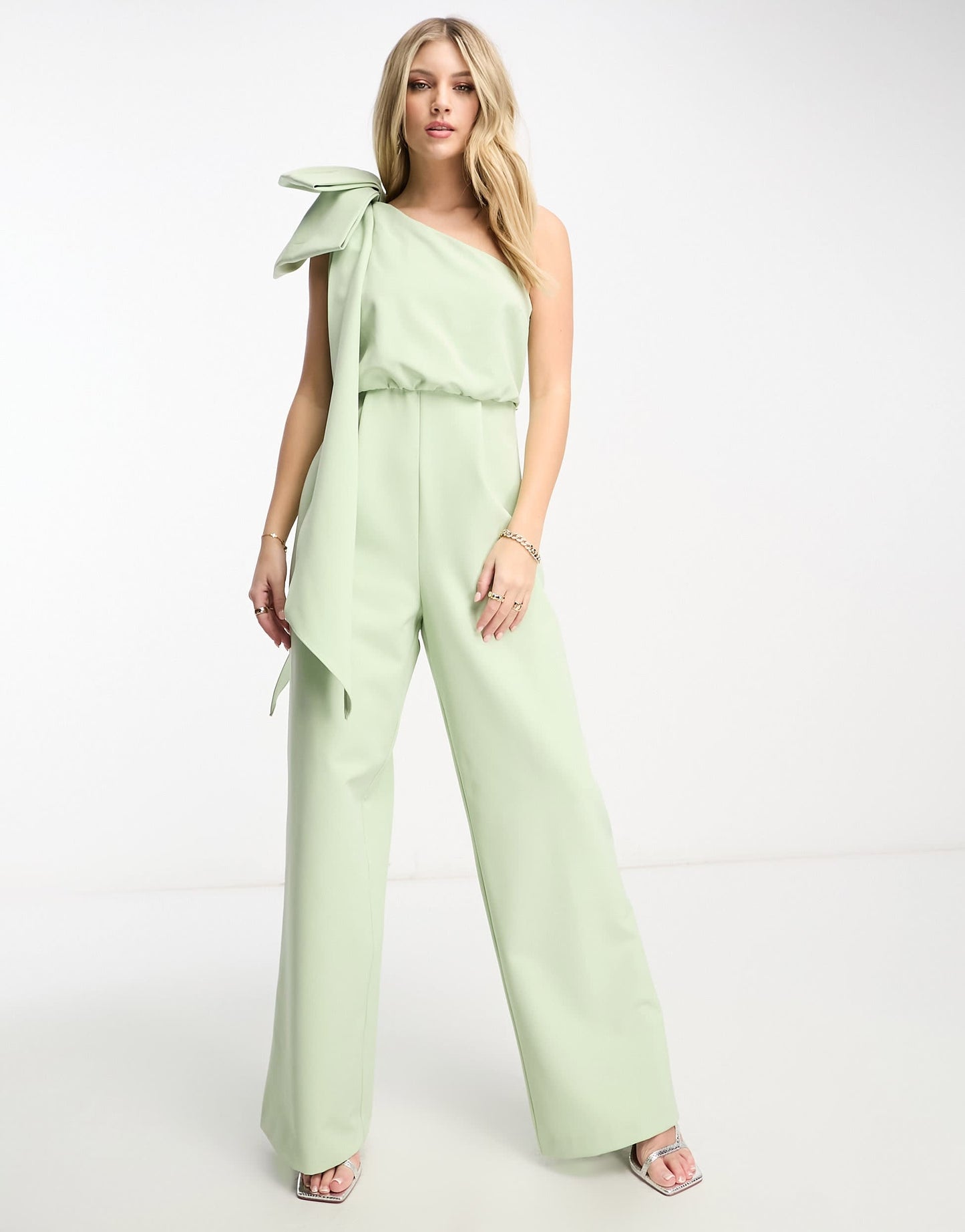 Forever New one shoulder bow jumpsuit in olive
