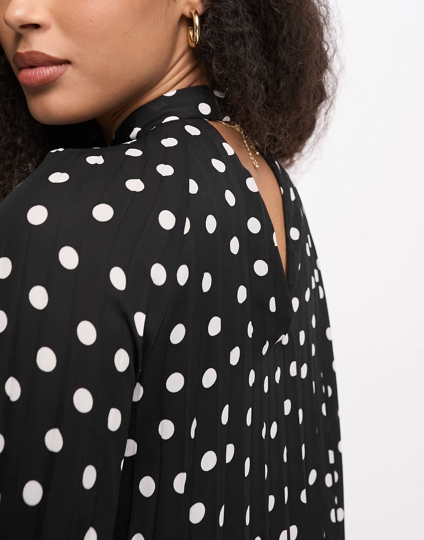 River Island pleated long sleeve mini dress in black polka dot