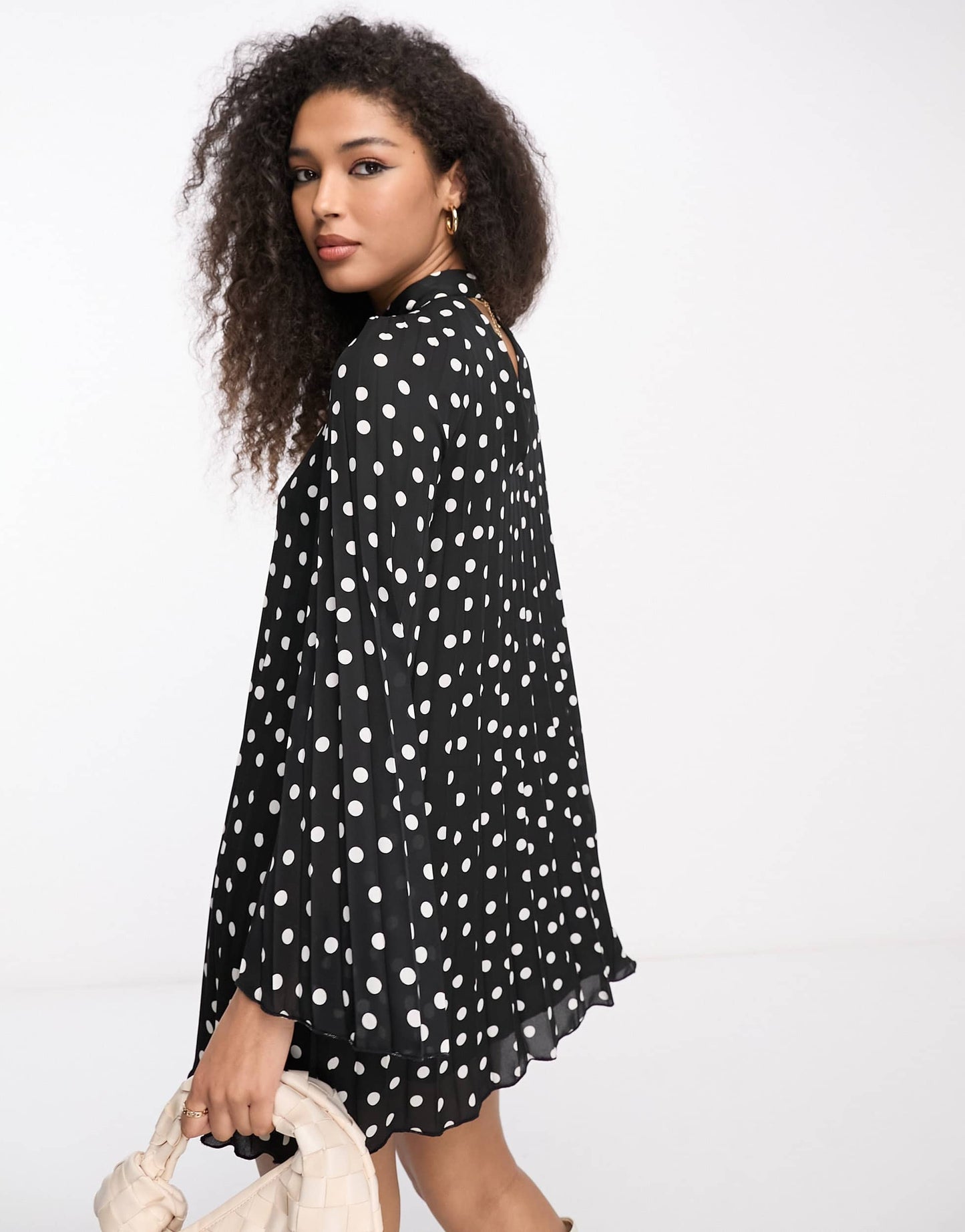 River Island pleated long sleeve mini dress in black polka dot