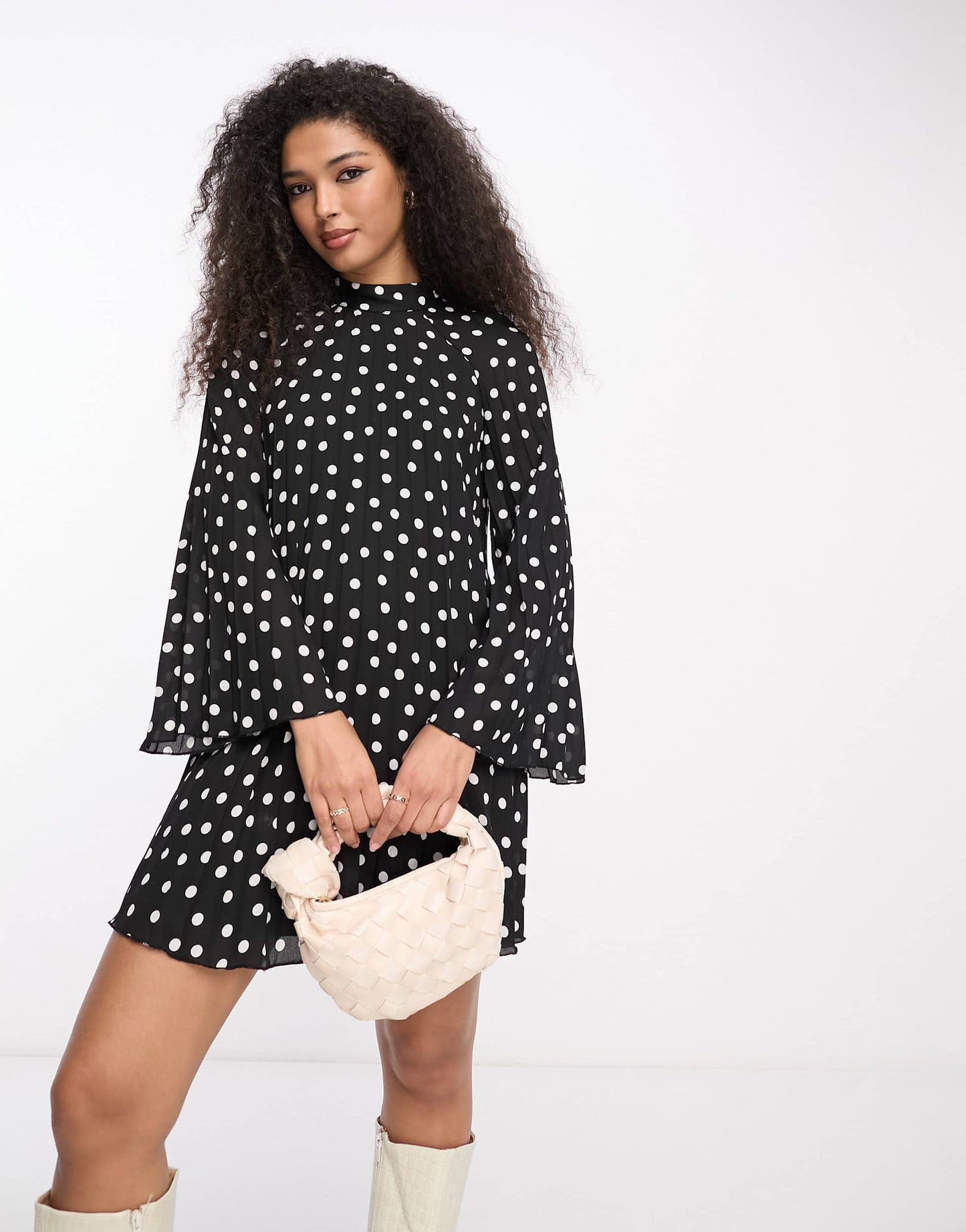 River Island pleated long sleeve mini dress in black polka dot