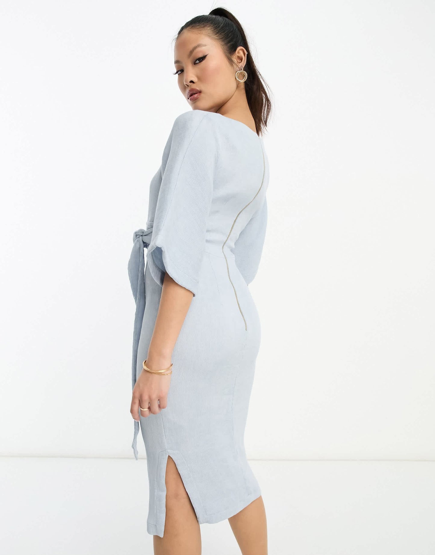 Closet London Petite ribbed pencil midi dress in powder blue