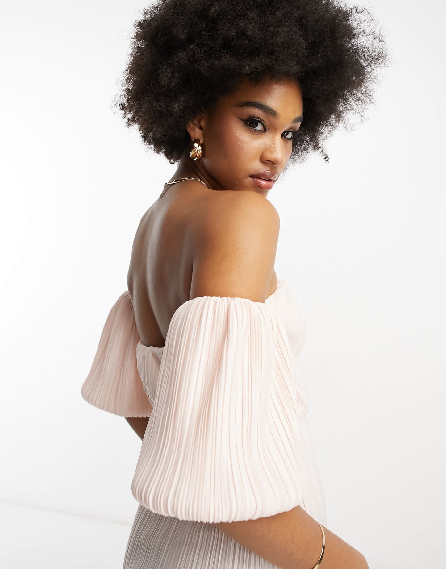 ASOS DESIGN Tall off shoulder puff sleeve plisse midi dress in peach blush