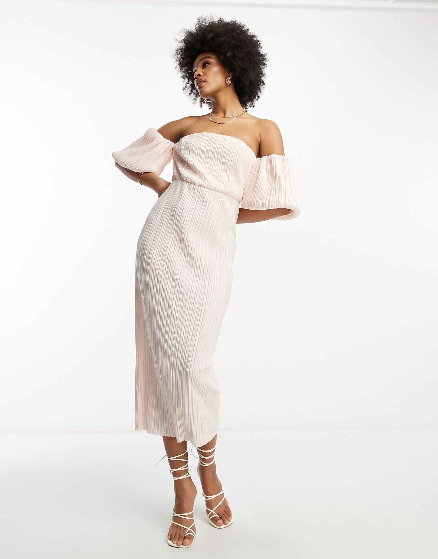 ASOS DESIGN Tall off shoulder puff sleeve plisse midi dress in peach blush