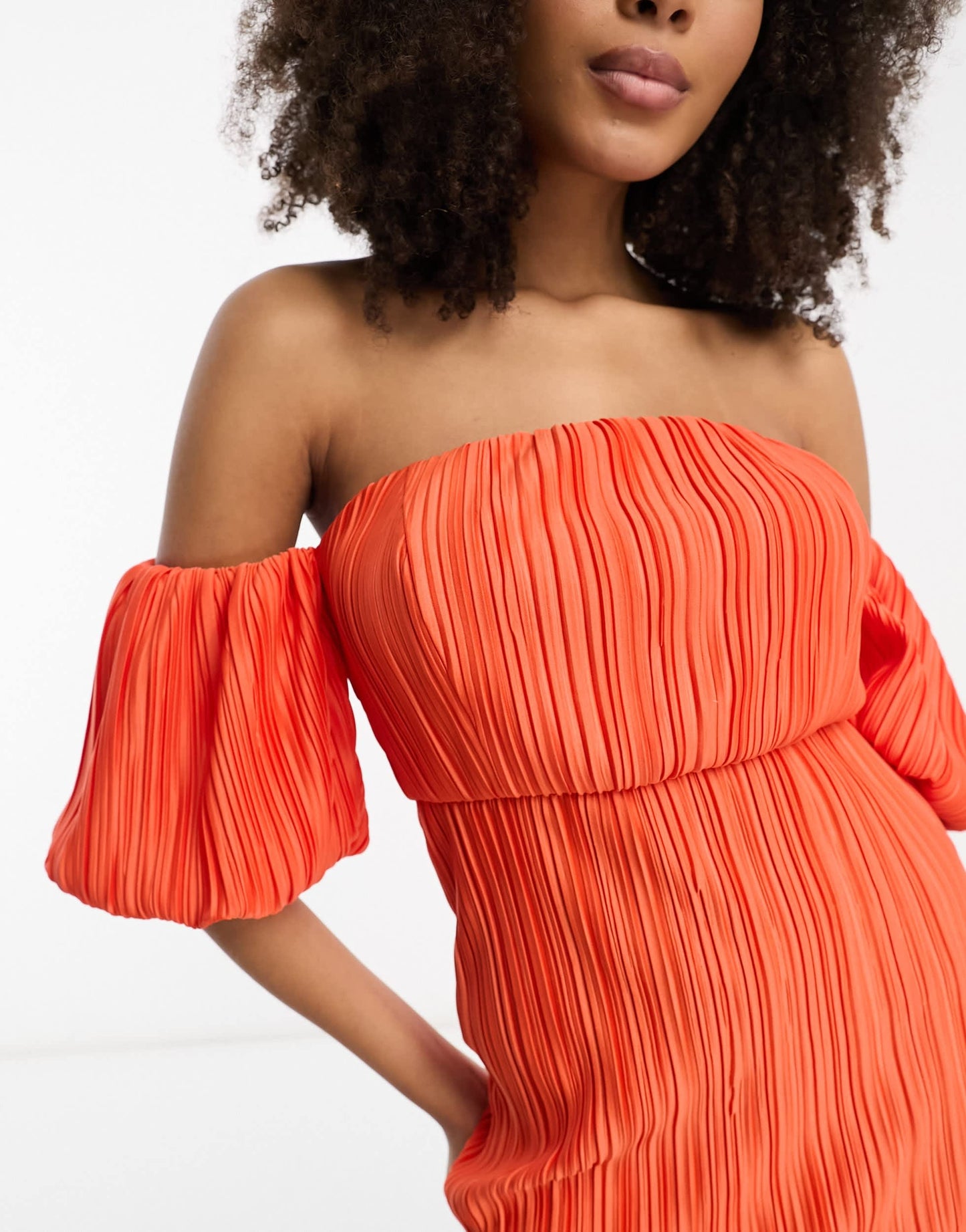 ASOS DESIGN textured plisse bardot puff sleeve midi dress in tangerine