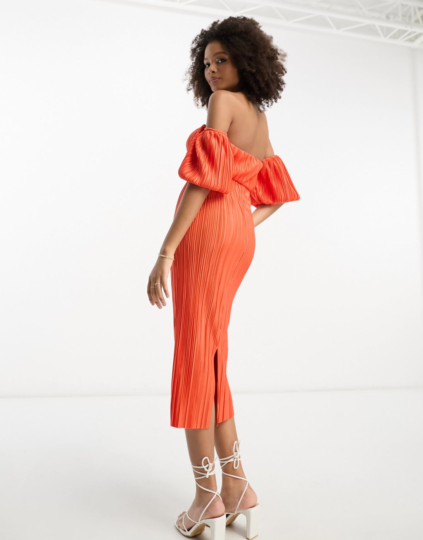 ASOS DESIGN textured plisse bardot puff sleeve midi dress in tangerine