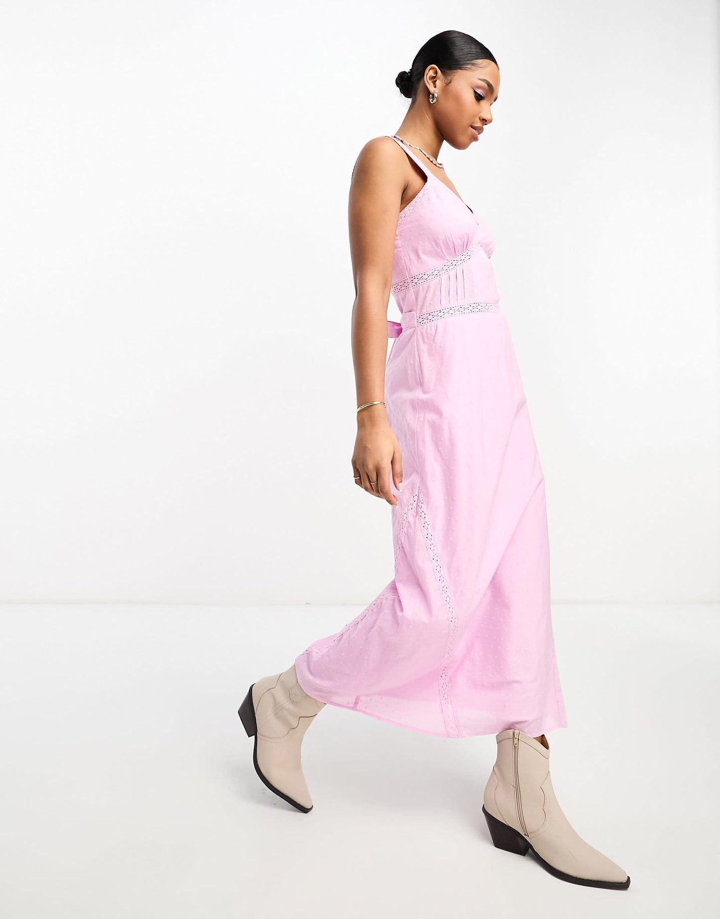 Miss Selfridge cotton dobby lace insert maxi dress in lilac