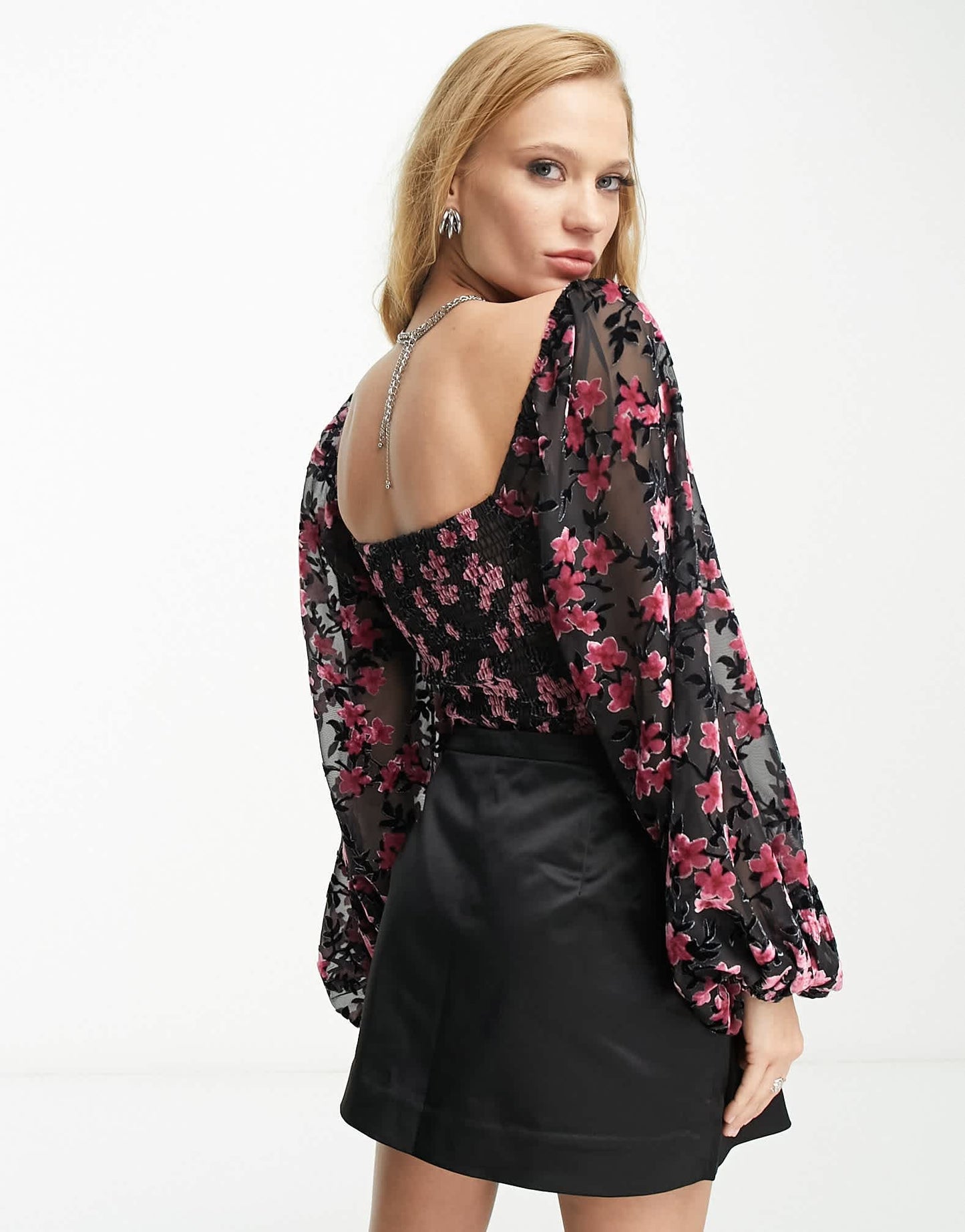 Sisters Of The Tribe bodysuit with frill edge and tie front in black with pink floral burnout
