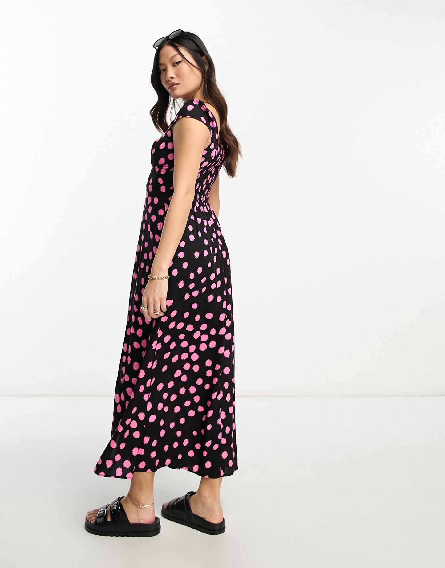 ASOS DESIGN Petite viscose sweetheart neckline split front midi dress in spot