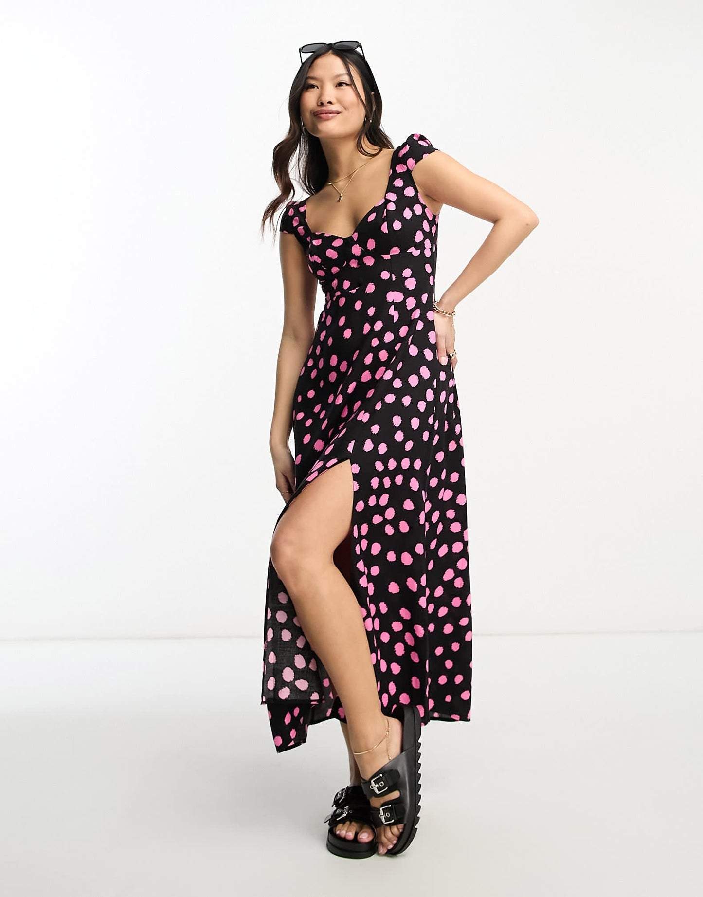 ASOS DESIGN Petite viscose sweetheart neckline split front midi dress in spot