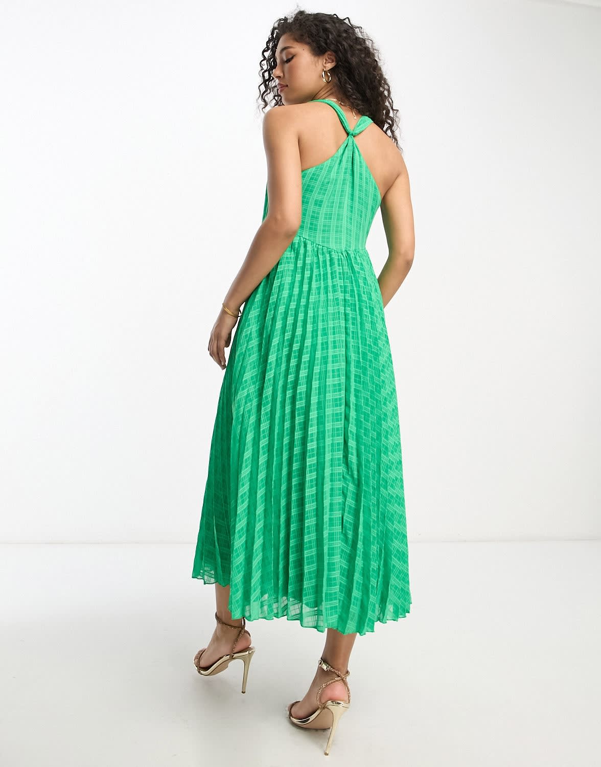 ASOS DESIGN jacquard check plunge neck pleat midi dress with tie straps in emerald green