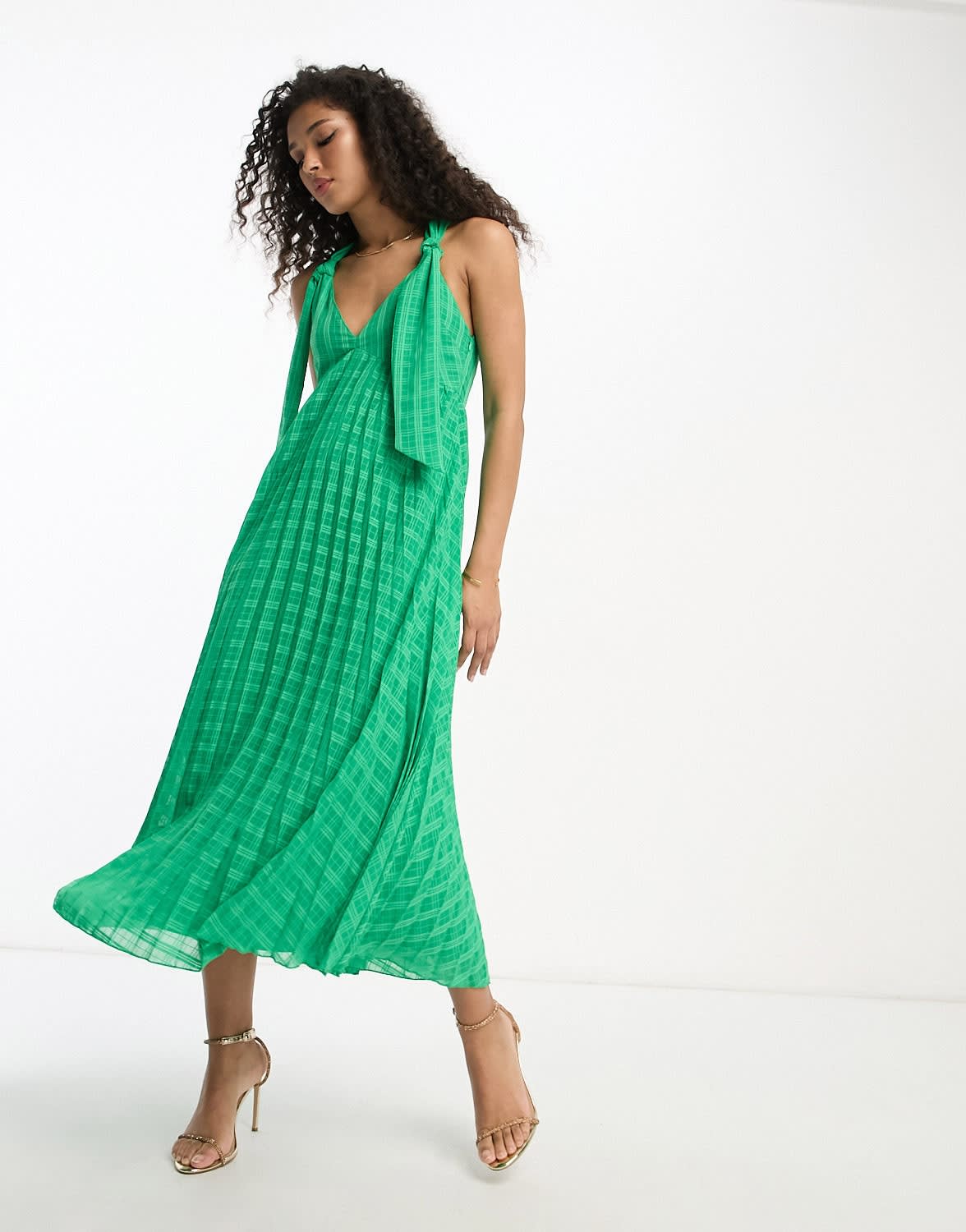 ASOS DESIGN jacquard check plunge neck pleat midi dress with tie straps in emerald green