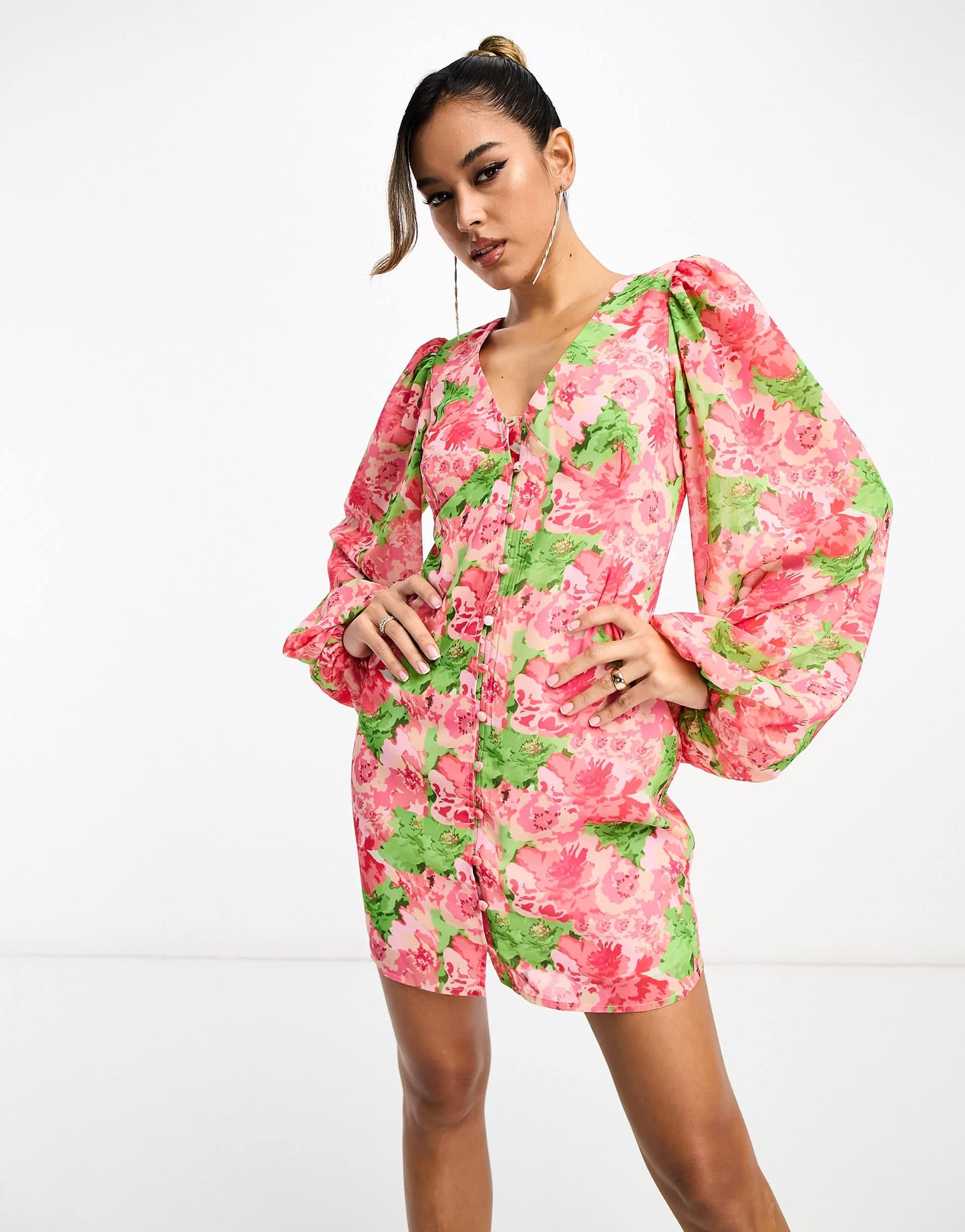 Pretty Lavish balloon sleeve button mini dress in pink floral