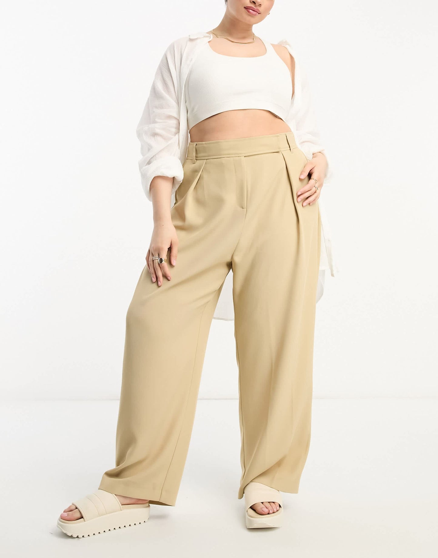 River Island Plus wide leg tailored dad trouser co-ord in beige