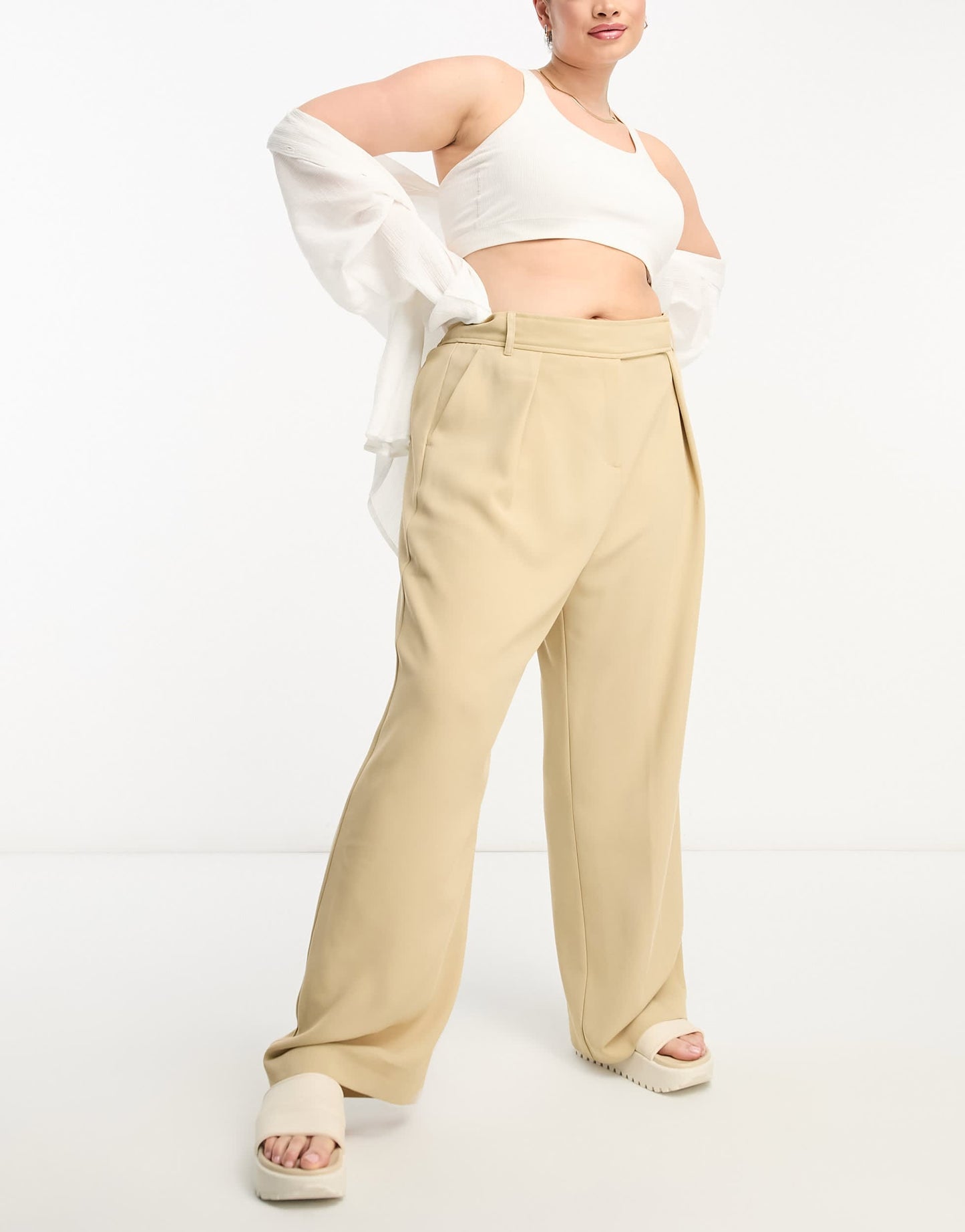 River Island Plus wide leg tailored dad trouser co-ord in beige