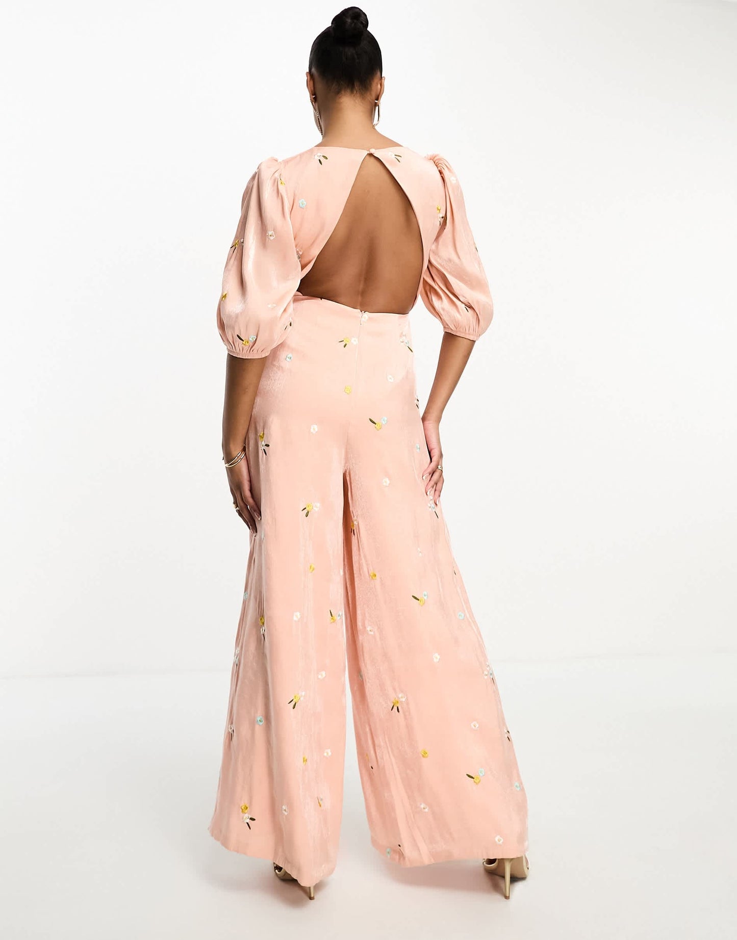 Collective the Label Petite exclusive twisted cut-out jumpsuit in yellow ditsy floral