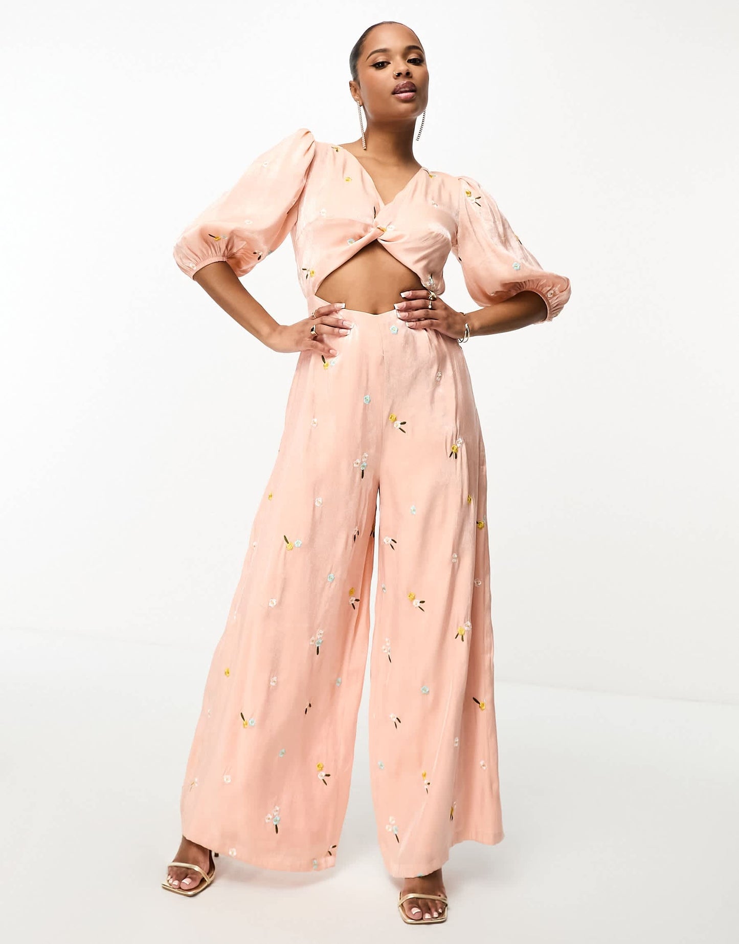 Collective the Label Petite exclusive twisted cut-out jumpsuit in yellow ditsy floral