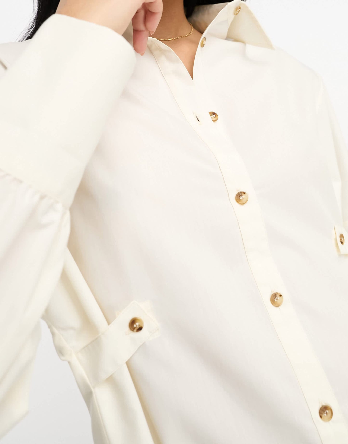 ASOS DESIGN utility mini shirt dress with tab waist with horn buttons in cream