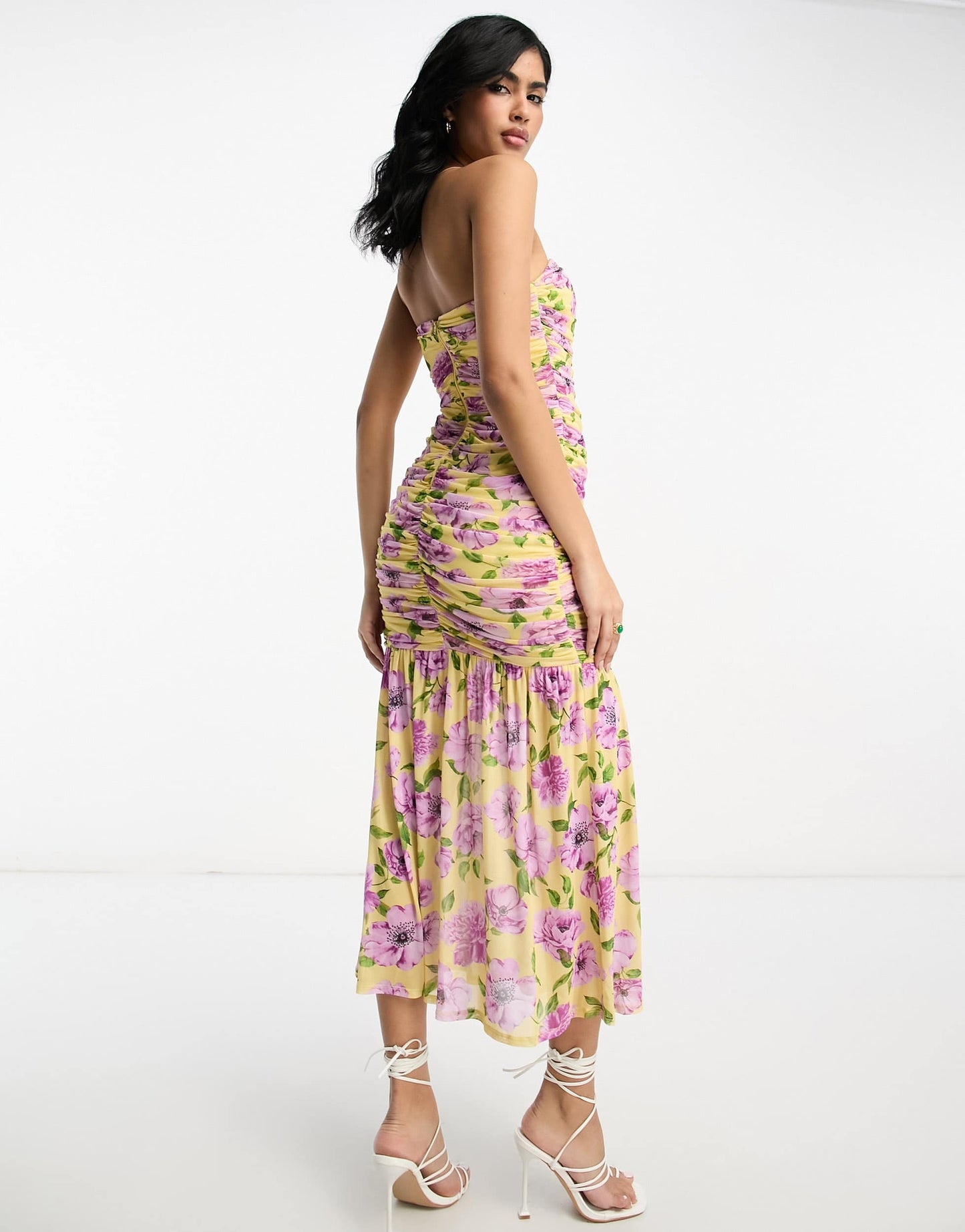 ASOS DESIGN mesh ruched bodycon bandeau flared hem midi dress in floral print