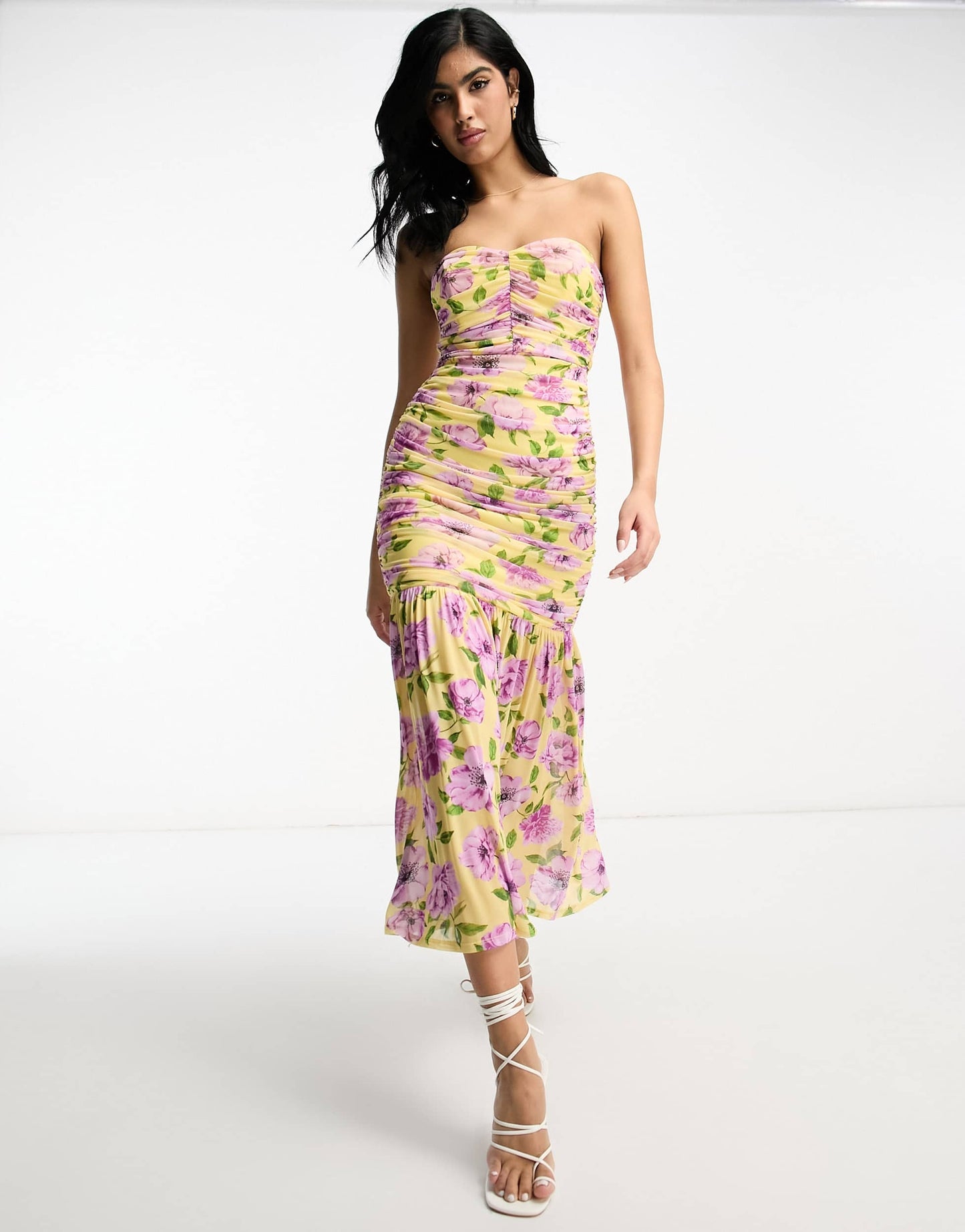 ASOS DESIGN mesh ruched bodycon bandeau flared hem midi dress in floral print