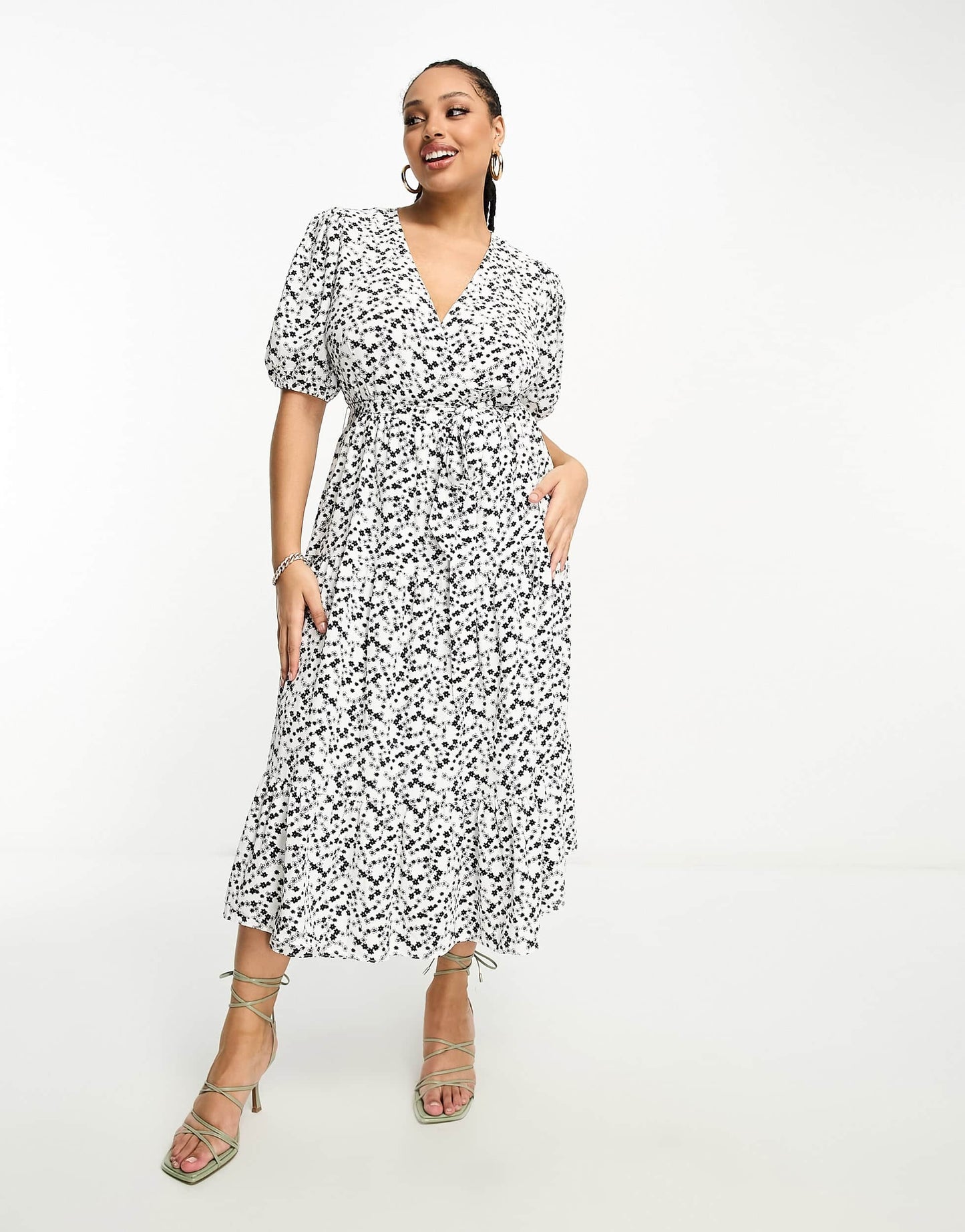 Glamorous Curve short sleeve tie waist wrap maxi dress in black white ditsy