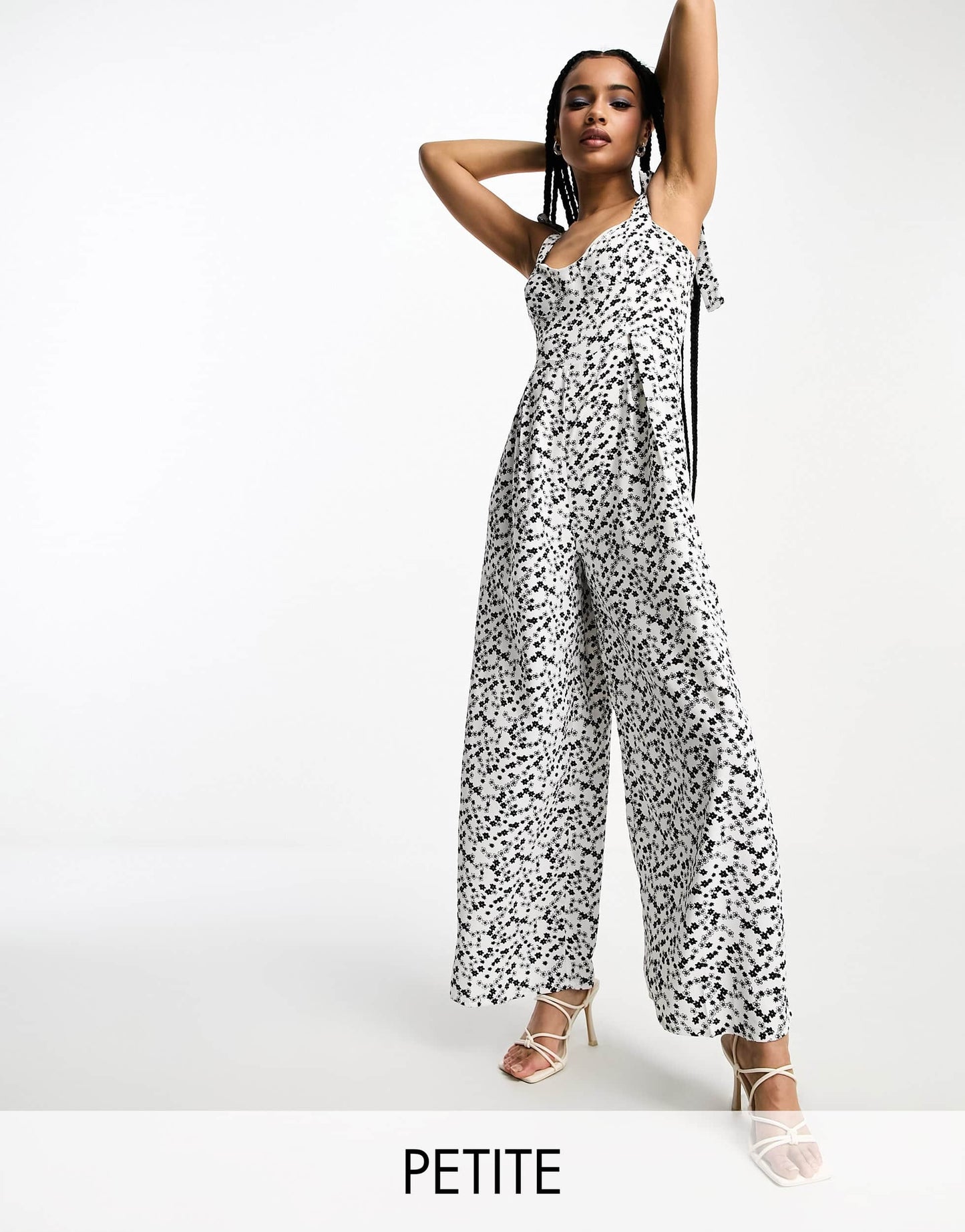 Glamorous Petite corset waist bunny tie jumpsuit in black white ditsy