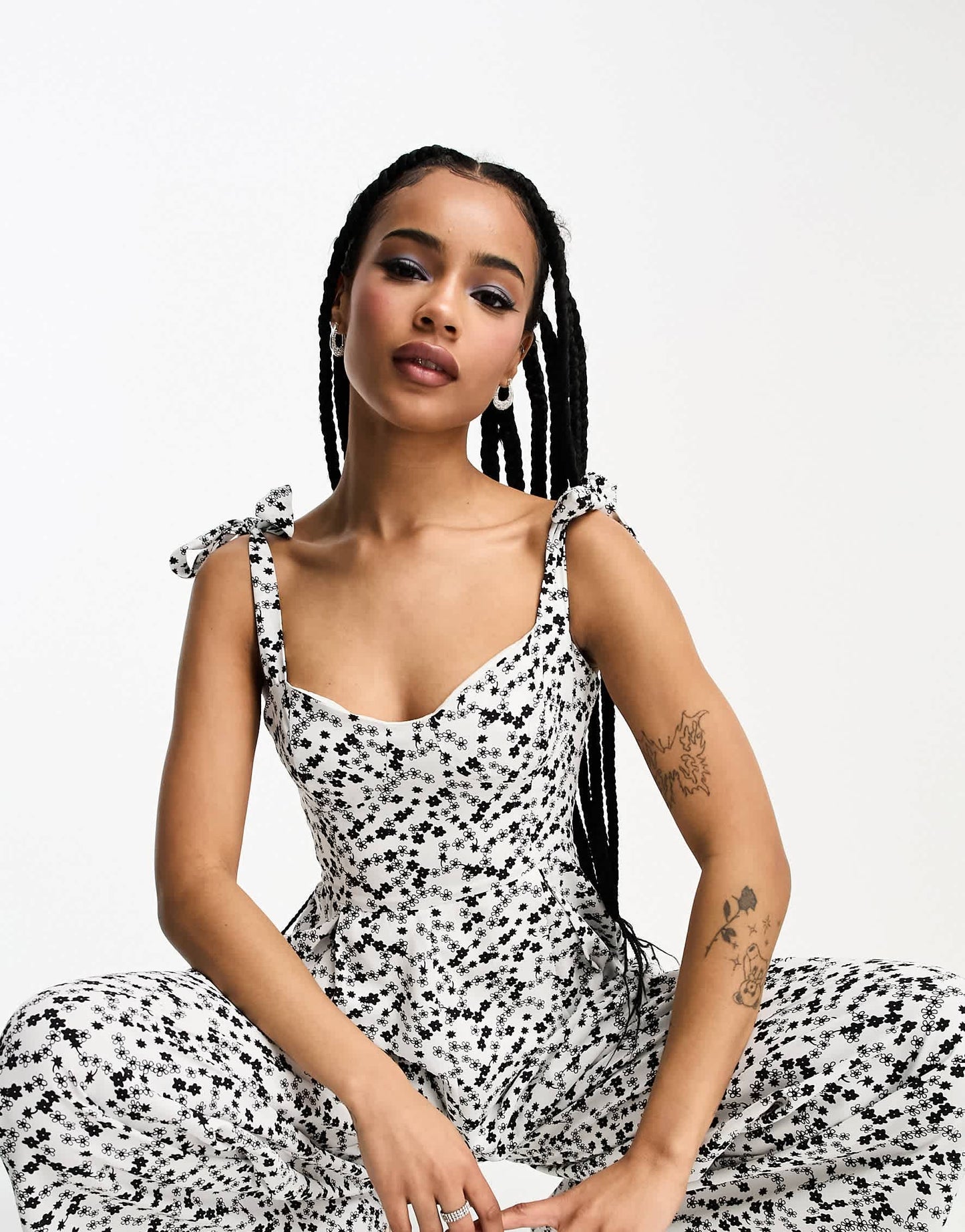 Glamorous Petite corset waist bunny tie jumpsuit in black white ditsy