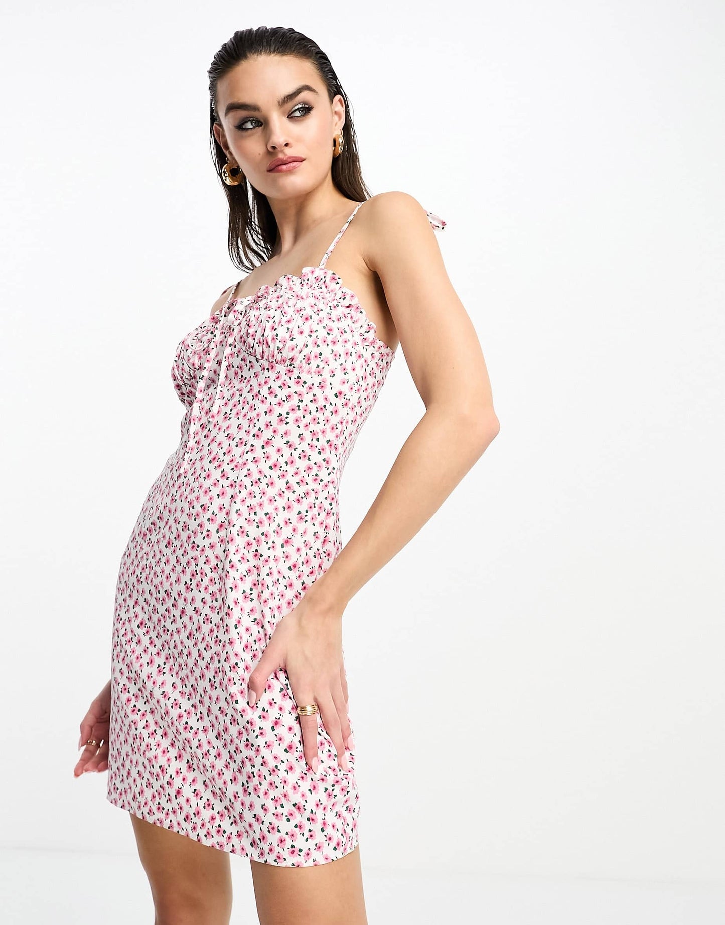 Glamorous ruched bust cami mini dress in pink rose bud floral