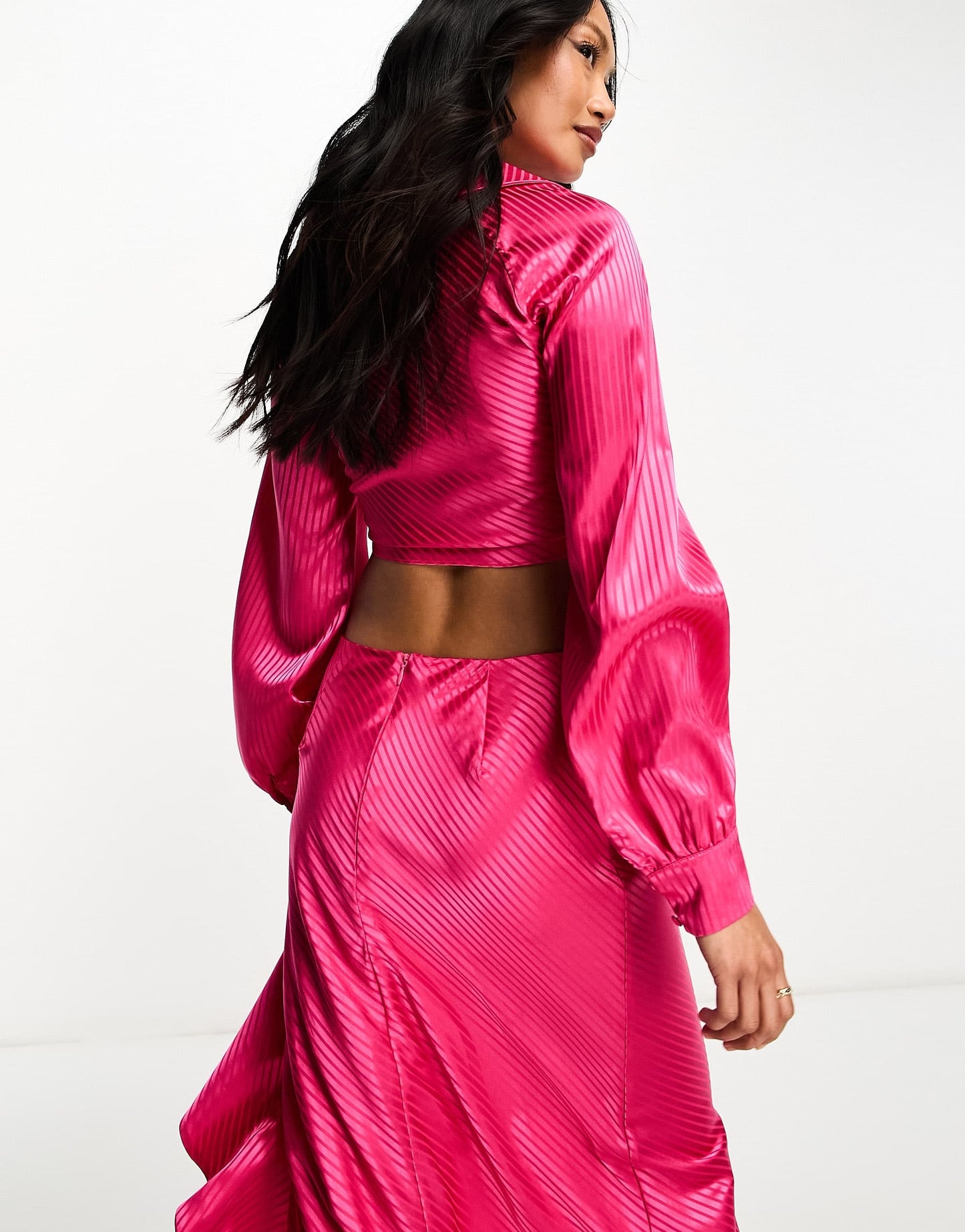 Rare London satin stripe tie detail cropped shirt co-ord in hot pink