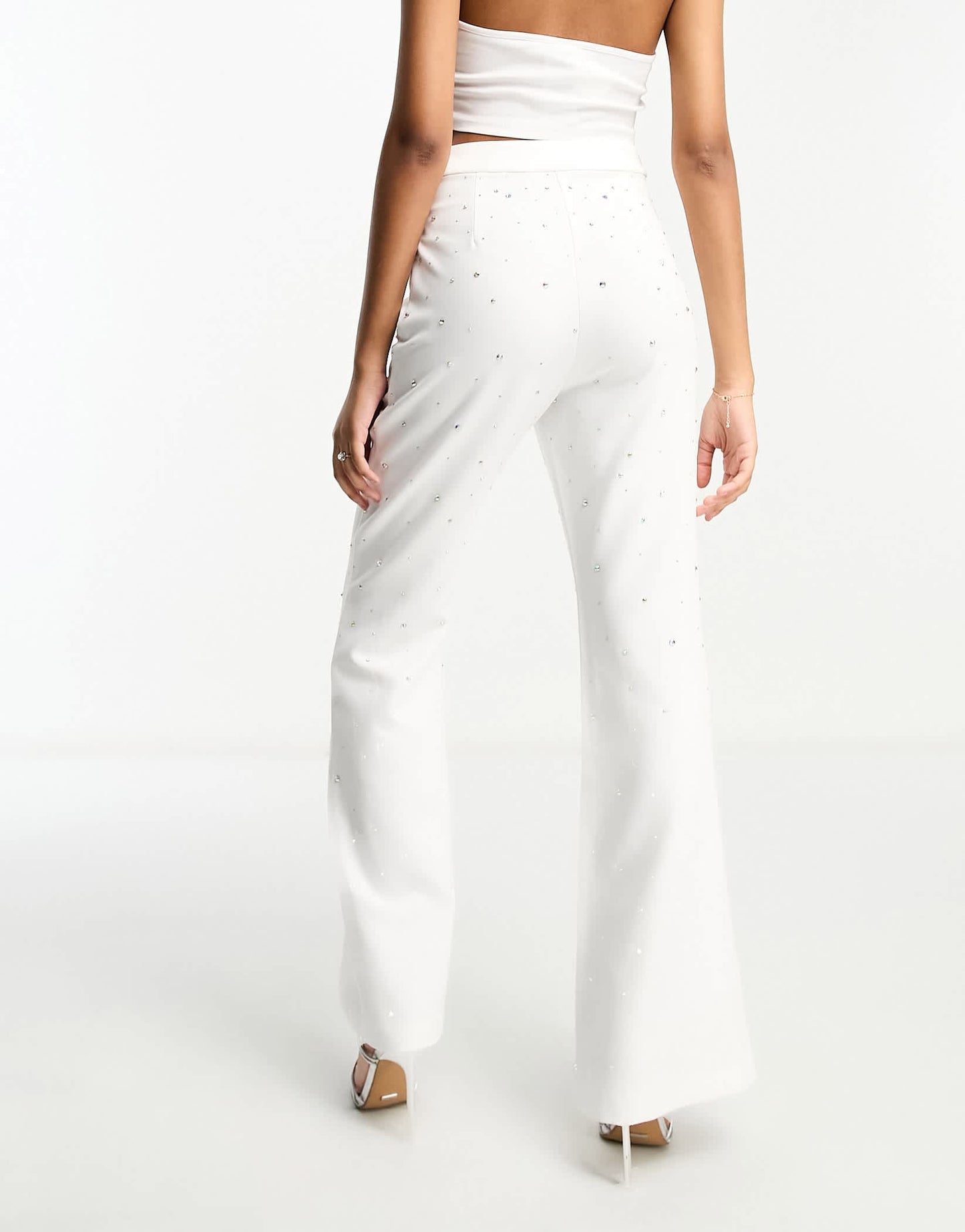 Rare London diamante embellished flared trousers co-ord in white