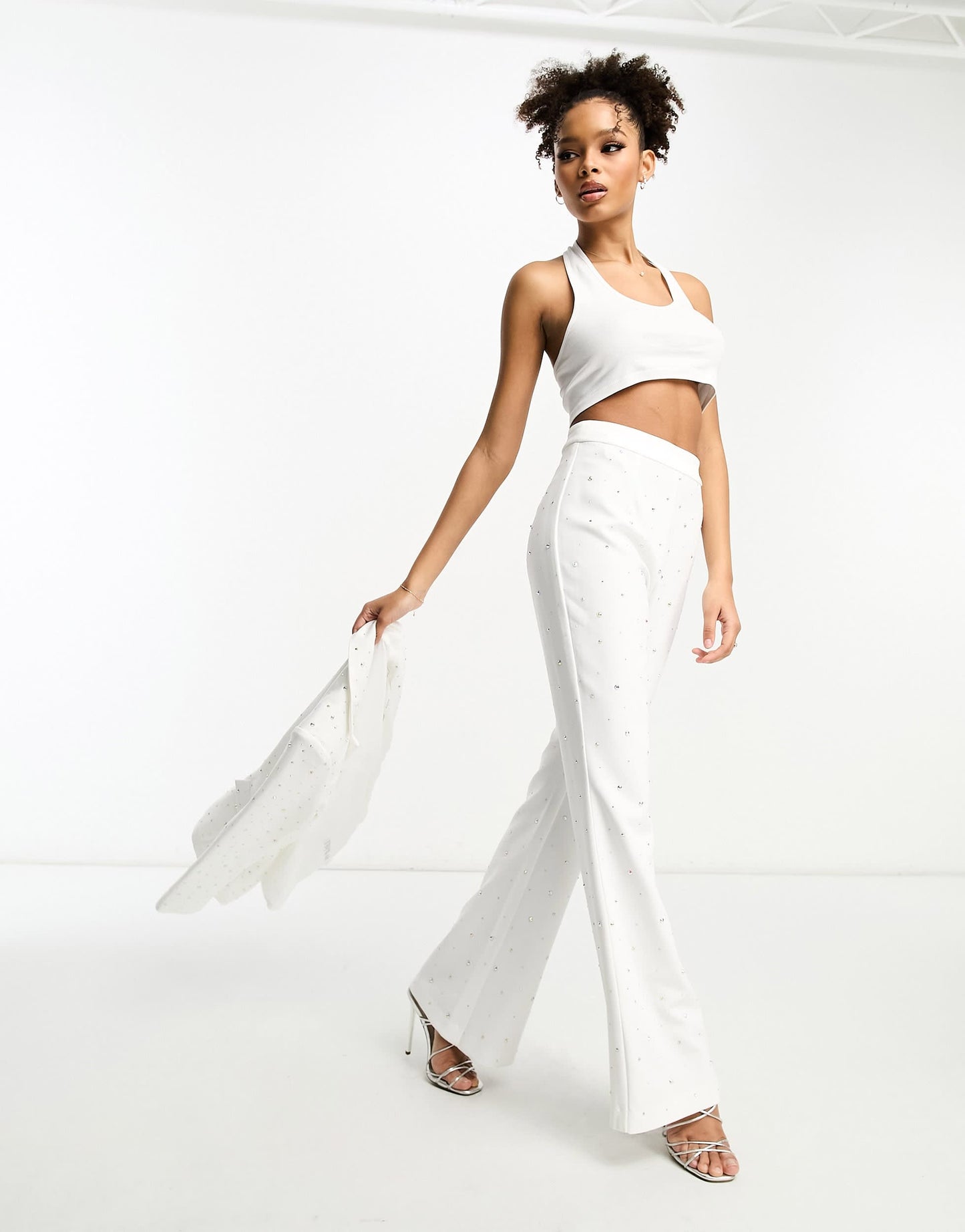 Rare London diamante embellished flared trousers co-ord in white