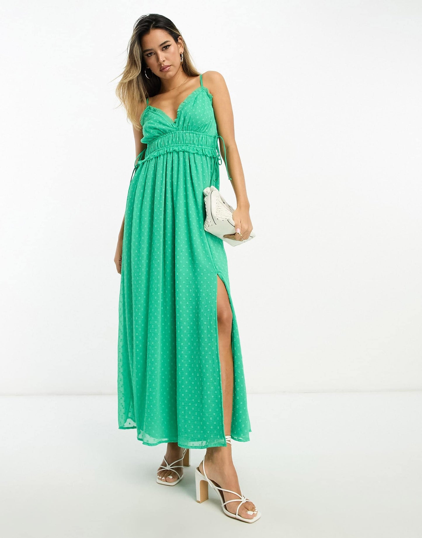 ASOS DESIGN elasticated frill waist midi slip dress in bright green dobby