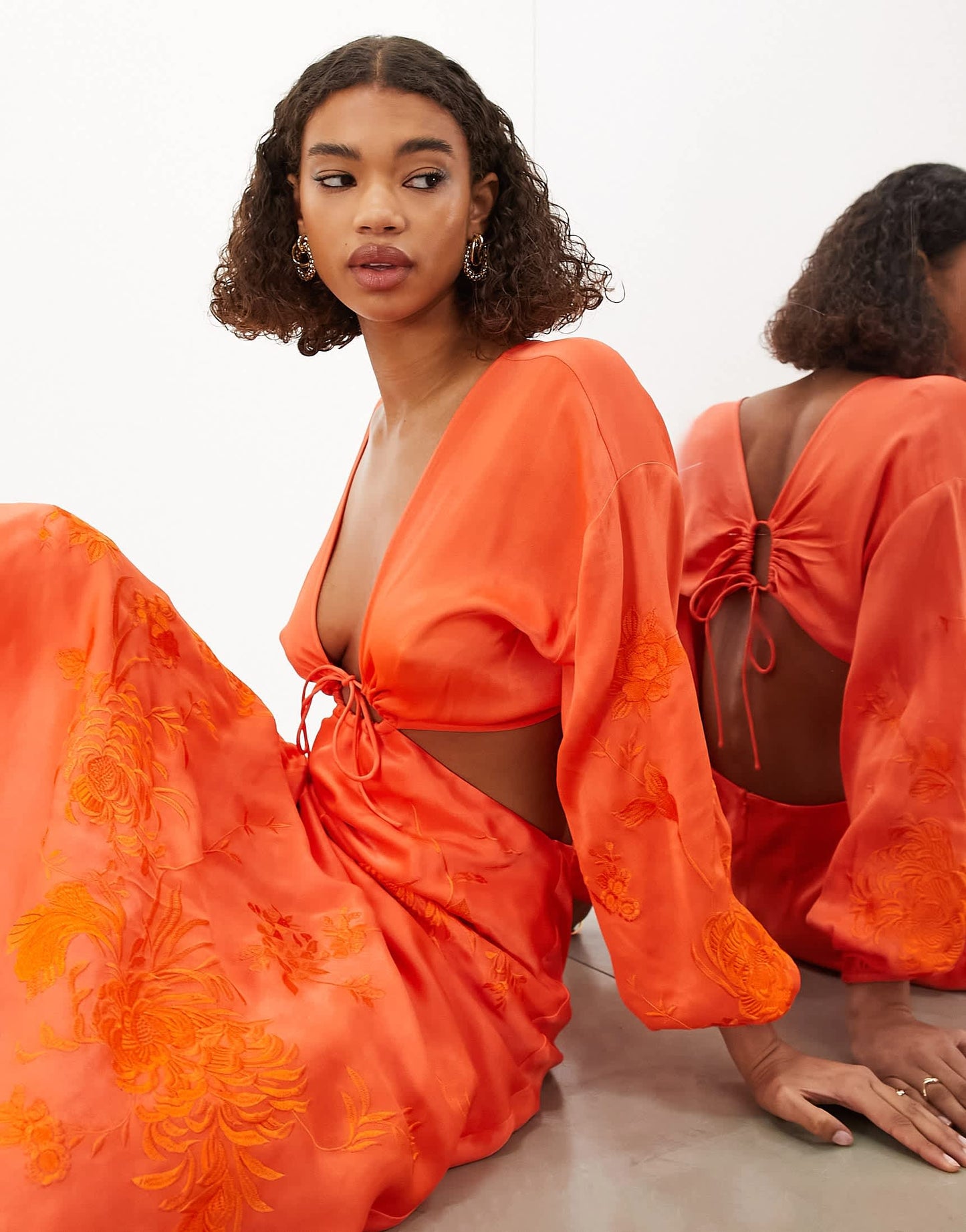 ASOS EDITION long sleeve tonal floral embroidered midi dress in bright orange