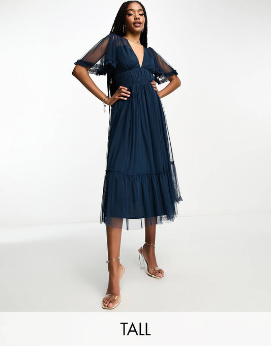 Beauut Tall Bridesmaid tulle midi dress  with flutter sleeve in navy