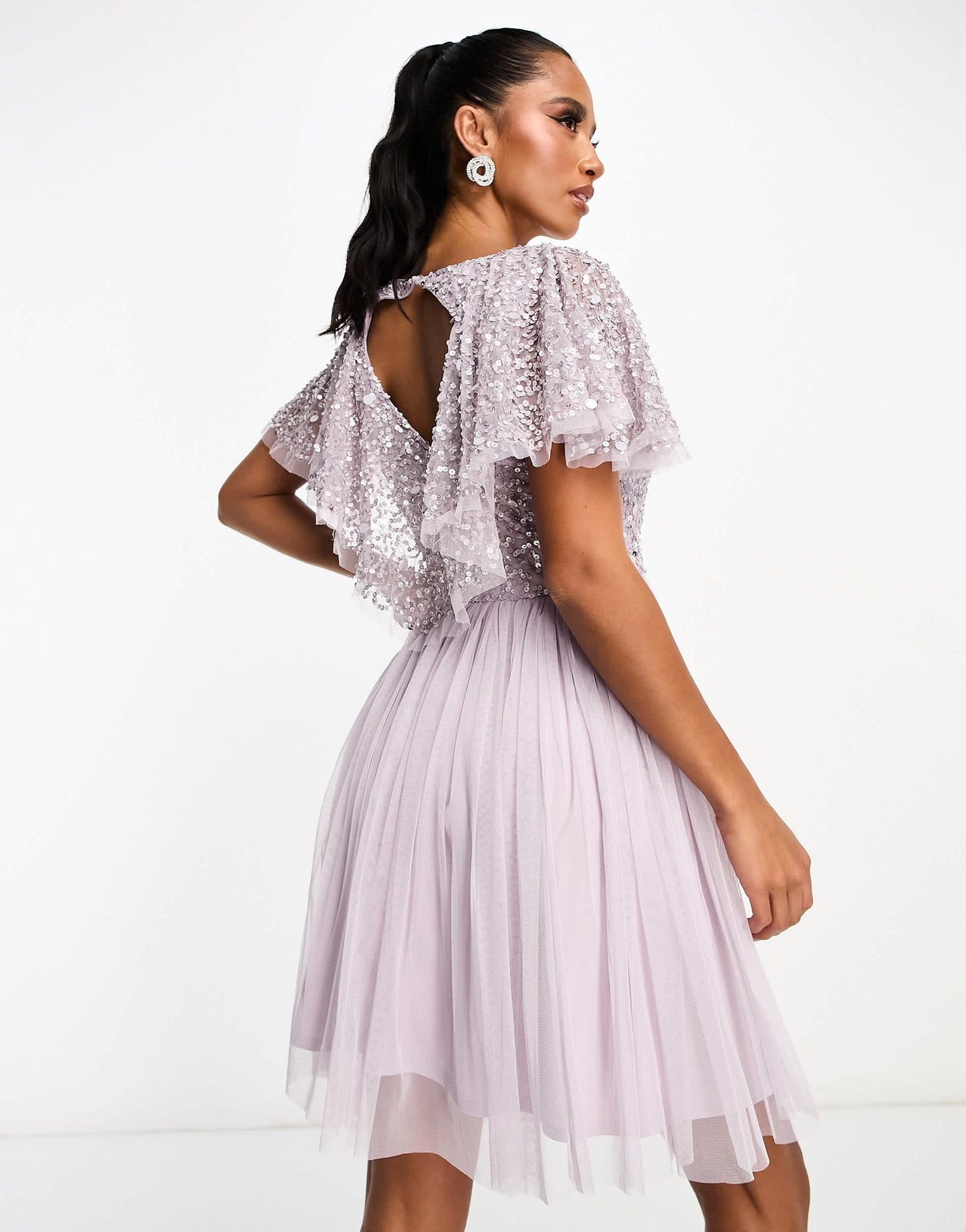 Beauut Petite Bridesmaid embellished mini dress with flutter detail in lilac