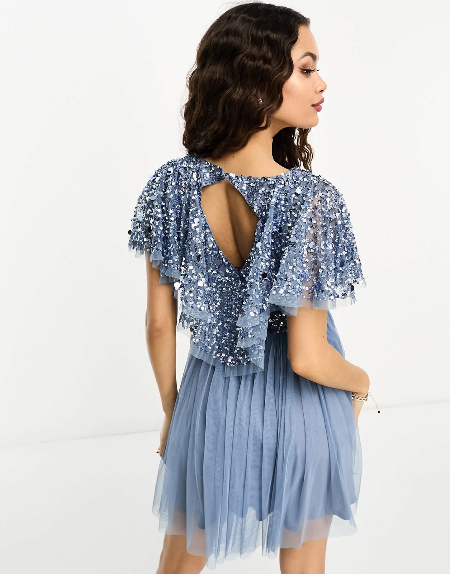 Beauut Petite Bridesmaid embellished mini dress with flutter detail in dark blue