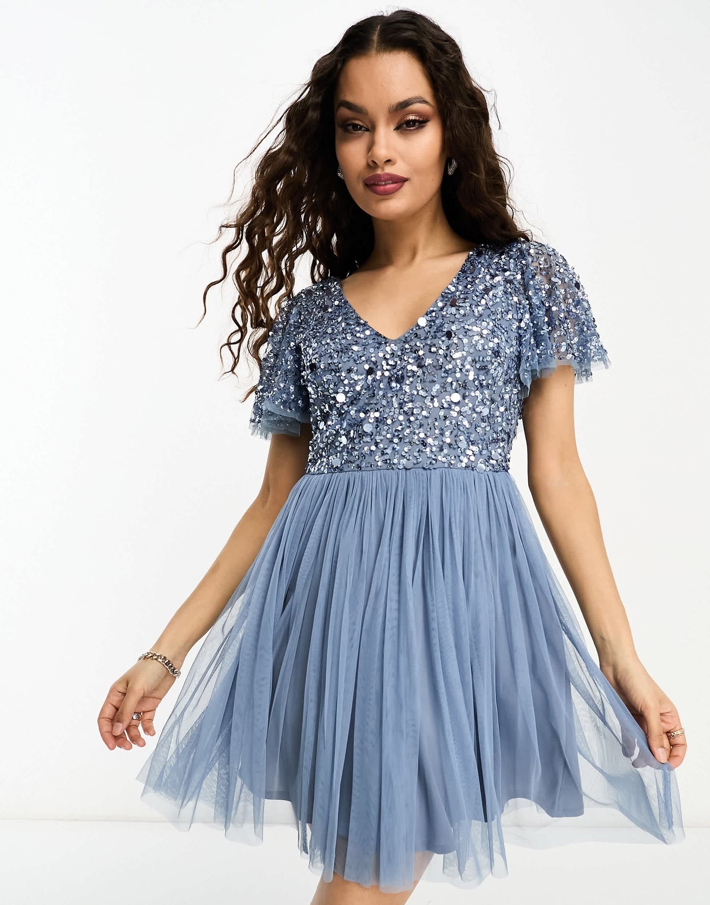 Beauut Petite Bridesmaid embellished mini dress with flutter detail in dark blue