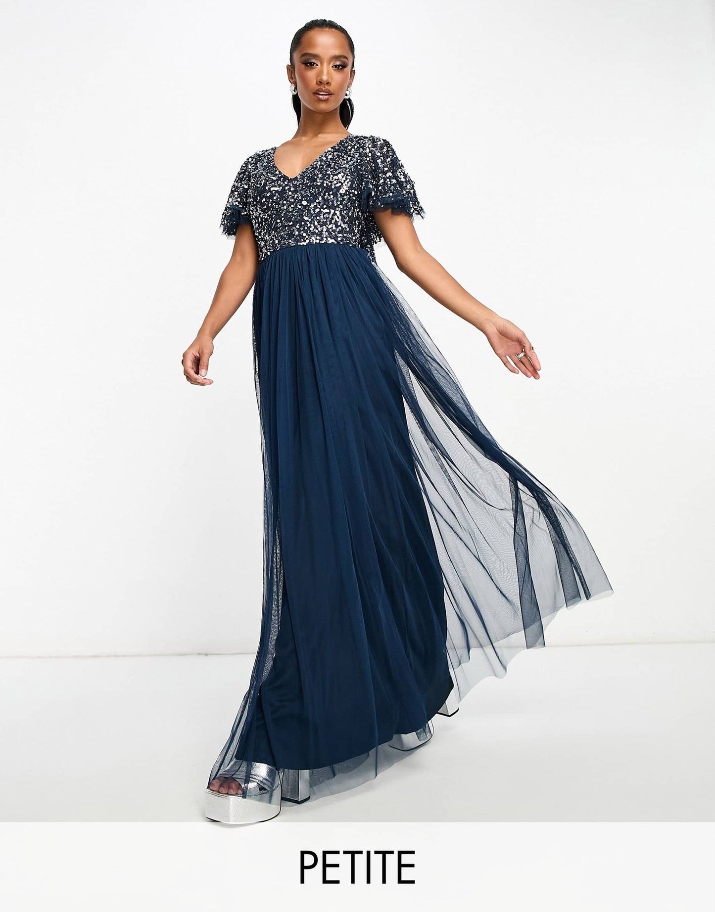 Beauut Petite Bridesmaid embellished maxi dress with flutter detail in navy